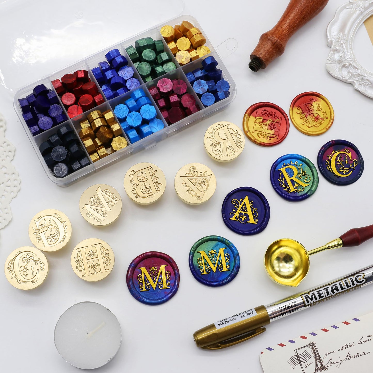 SWANGSA Initial Alphabet A Wax Seal Stamp Kit, Classic Retro Letter Sealing Stamp with 200pcs Sealing Wax Beads Kit for Wedding Invitations Cards Envelopes (A)