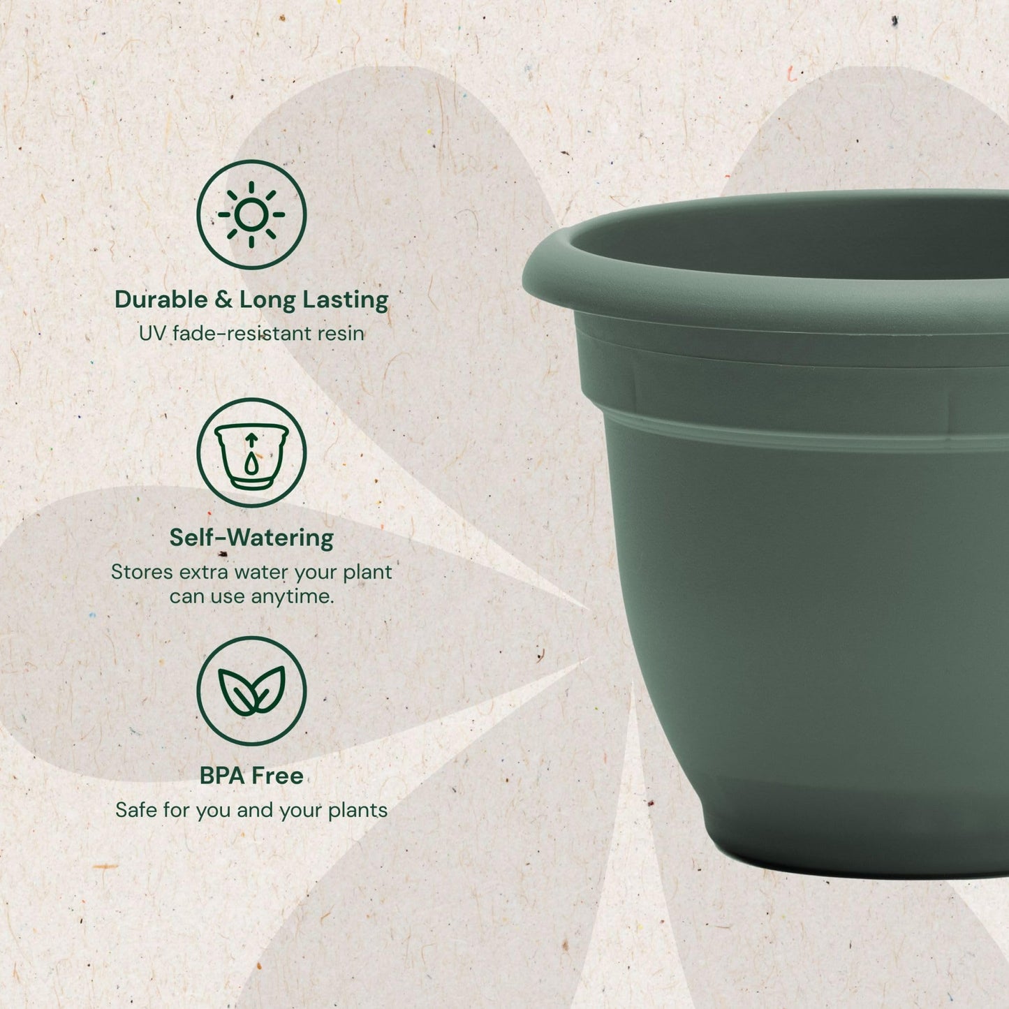 Bloem Ariana 12" Self-Watering Plastic Planter - Rolled Rim Indoor/Outdoor Garden Pot, Basil, 2-Pack