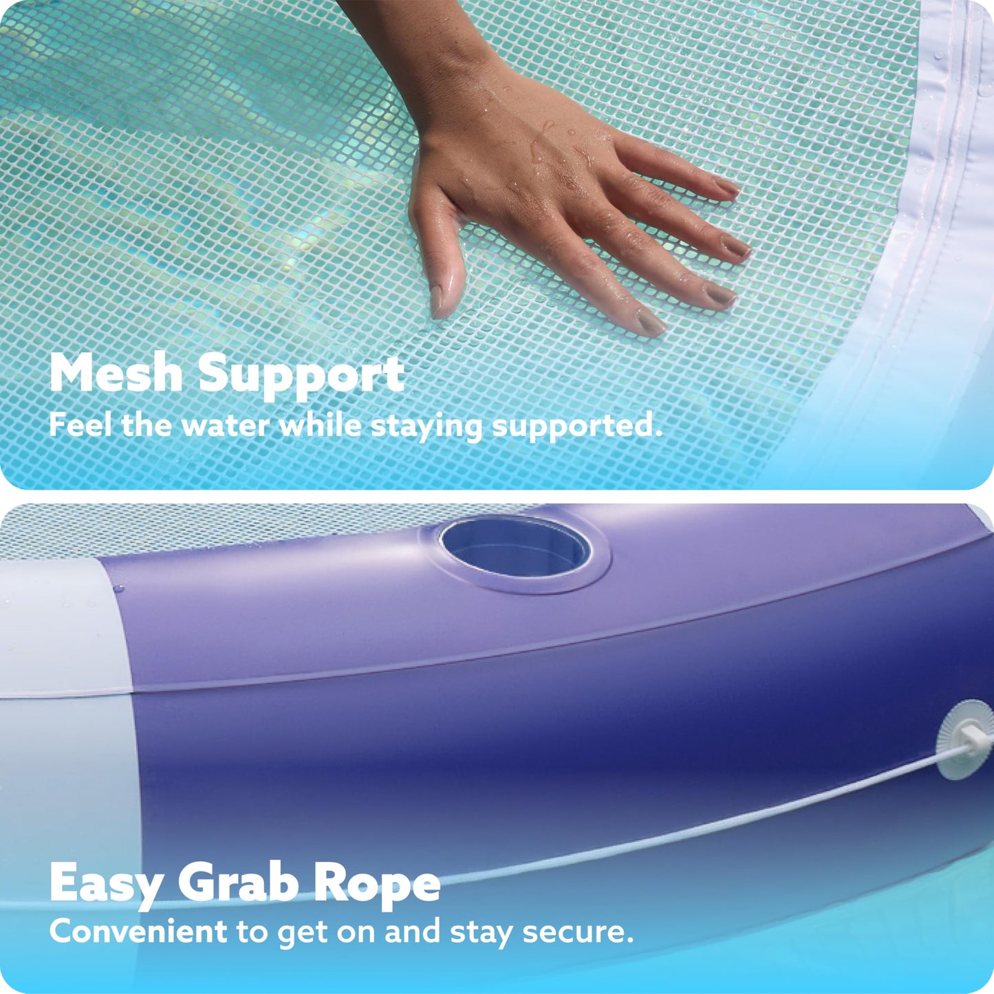 SLOOSH Inflatable Pool Lounger Float with Mesh, 80" x 80" Tanning Pool Floats, Double Lounger Round Ring for Adults, Floating Mat Raft for Lake and Beach with Cup Holder (Navyblue Strpie)