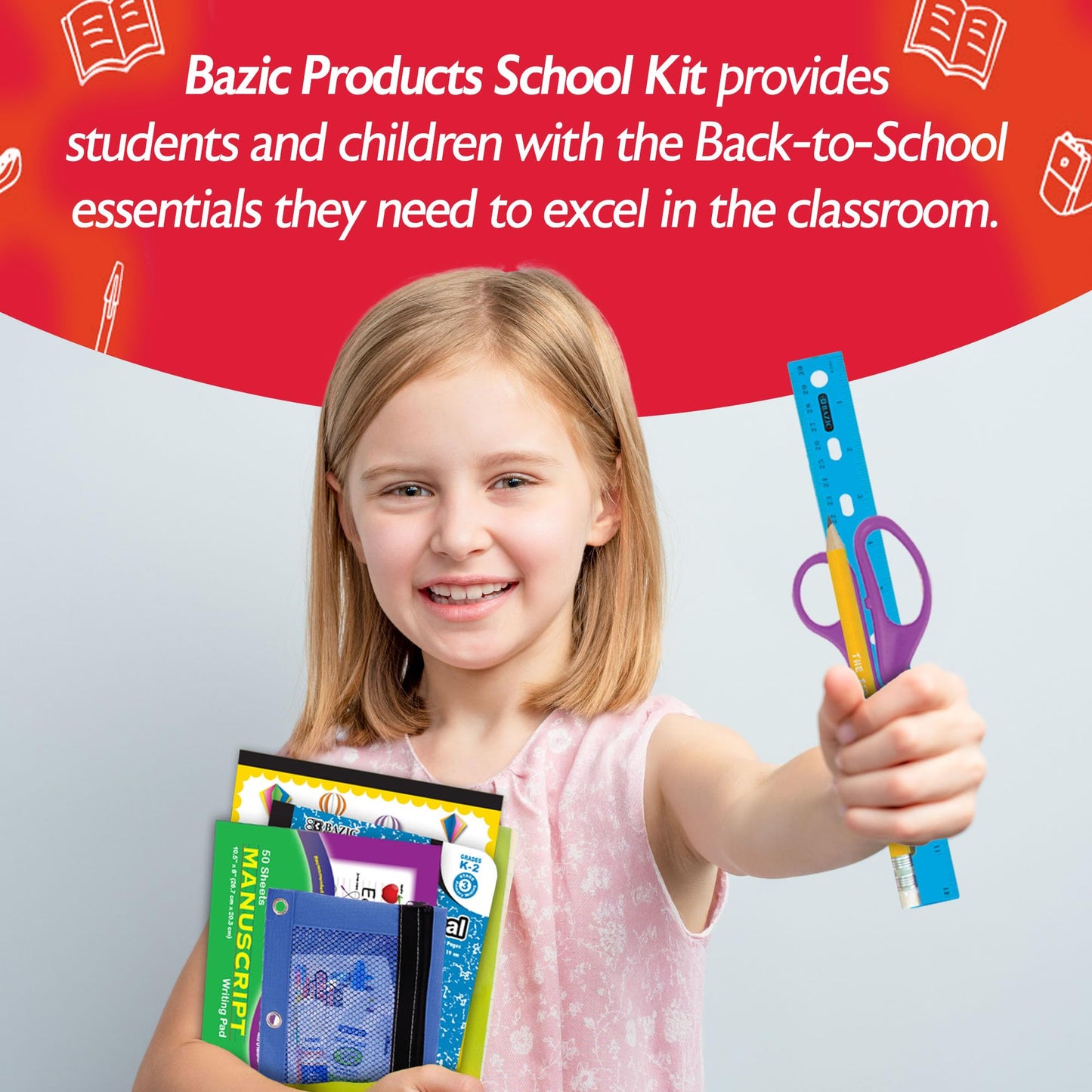 BAZIC PRODUCTS Primary School Supply Kit, 57-count Student Set for Kindergarten and Elementary Students Grades K–6, Complete School Supplies With Fully Organized Supply Box, 1-pack