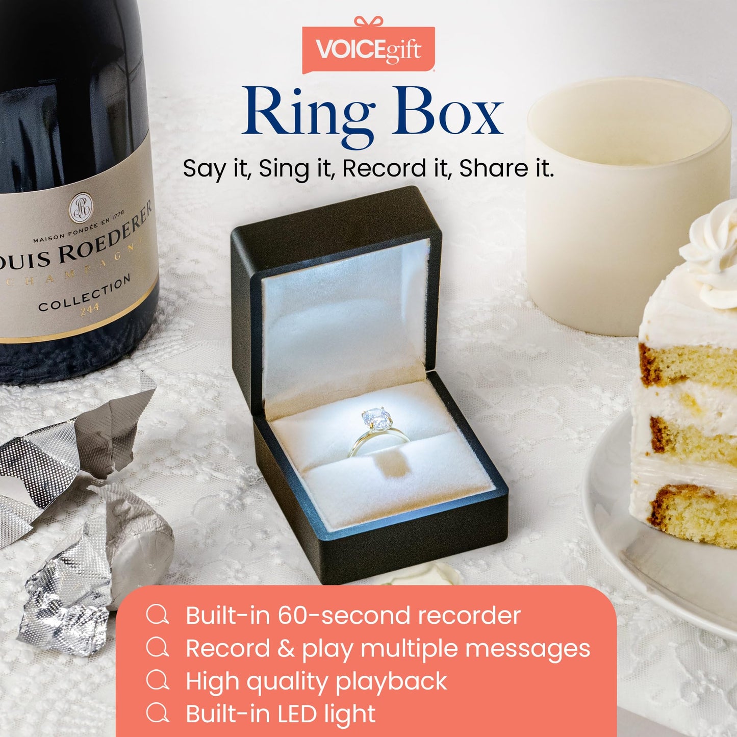 VOICEGIFT Ring Box Recordable Ring Box with LED Light, 60-Second Voice Recorder, Velvet Jewelry Gift Box for Proposal, Engagement, and Keepsake | Black