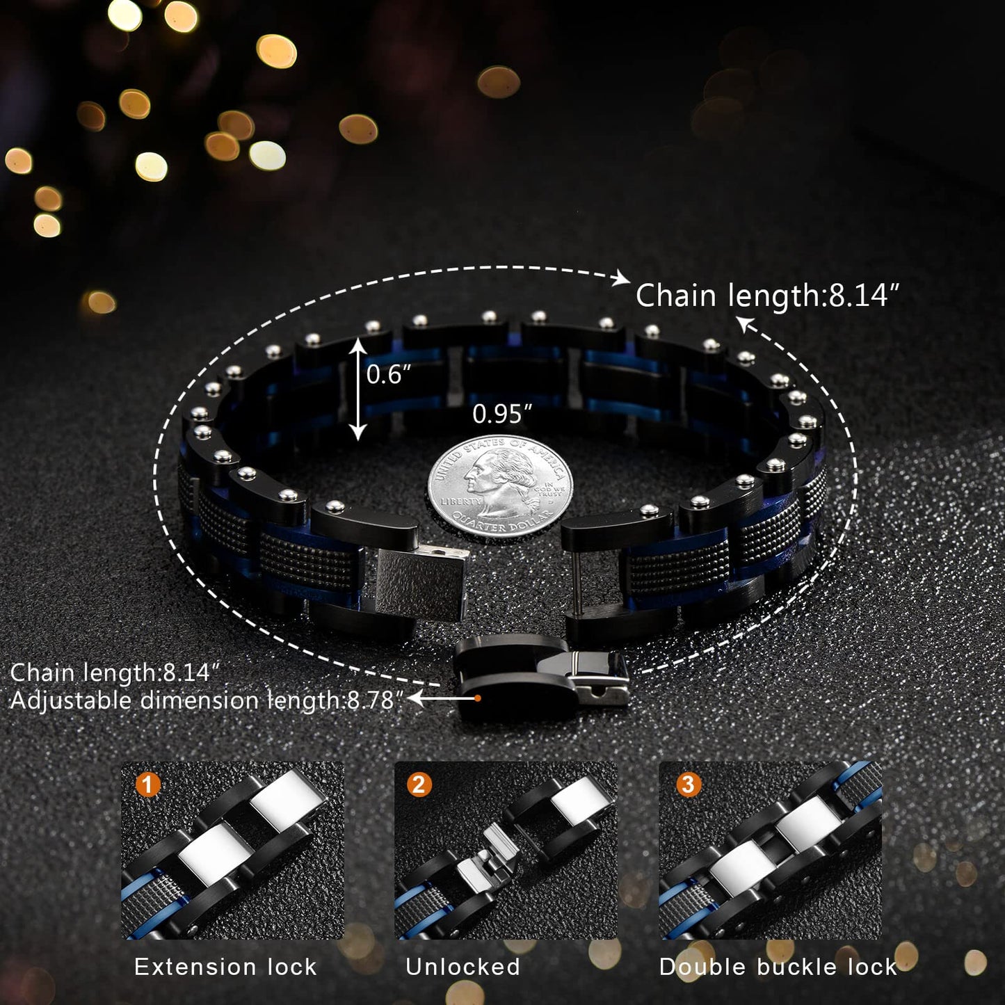 Zillaly Men's Stainless Steel Two-Tone Square Link diamond Bracelet in Black & Blue Ion-Plated Black (Black & Blue)