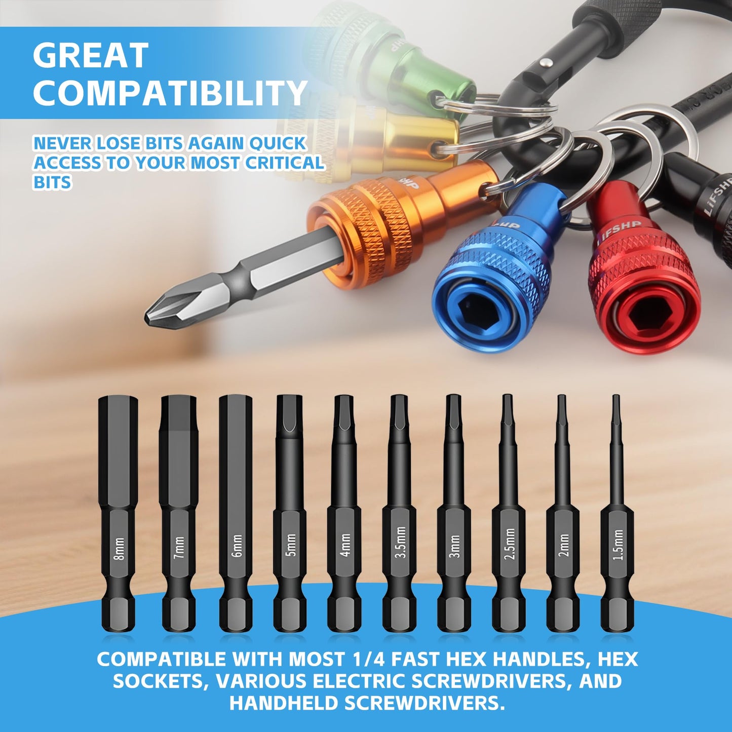 6Pcs Drill Bit Holder Key Chain, 2 Sets 1/4 Hex Shank Aluminum Alloy Push to Unlock Quick Release for Impact Bit Driver Extension Bar Nut Driver Screwdriver & Drill Bits,Tool Gifts for Men-Multi Color