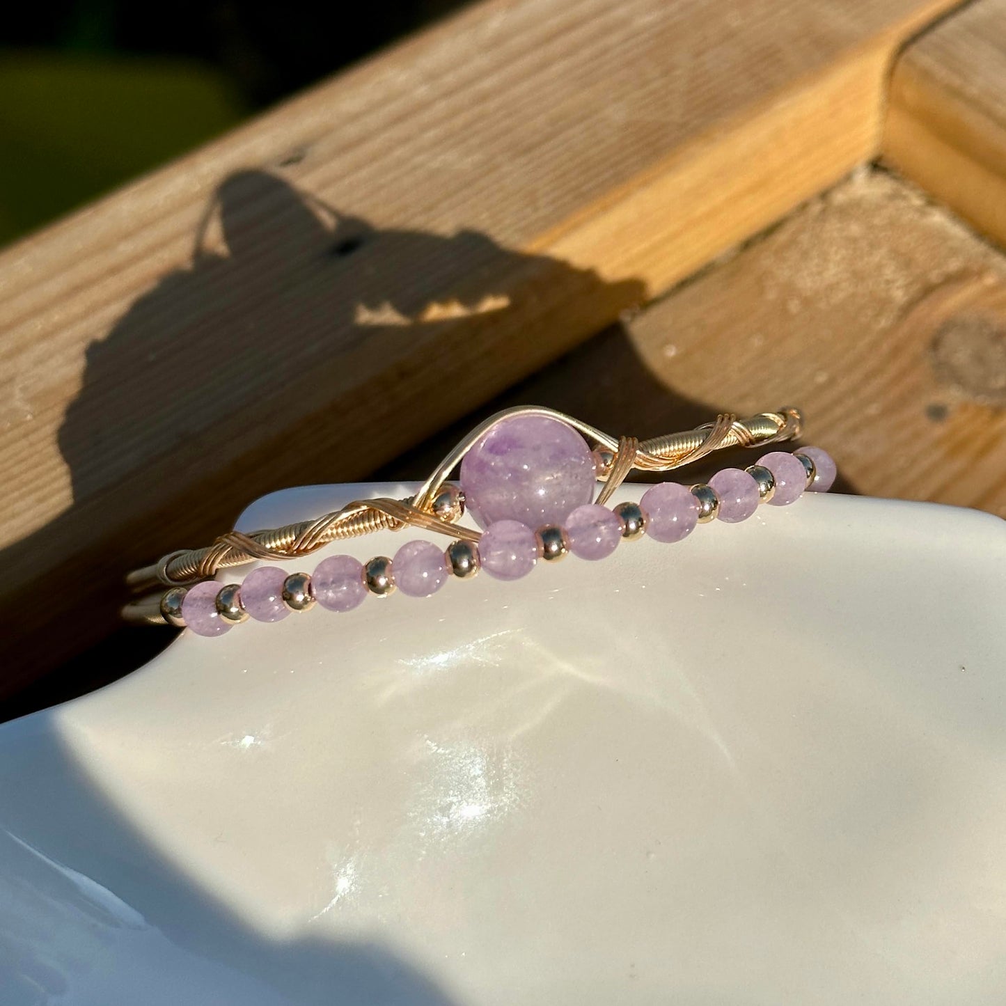 Handmade Genuine Lavender Amethyst Double Layered 14k Gold Filled Wire Wrapped Bracelet, Birthstone Chakra Healing Crystal Chips Adjustable Bangle Cuff Jewelry Gift for Women Men