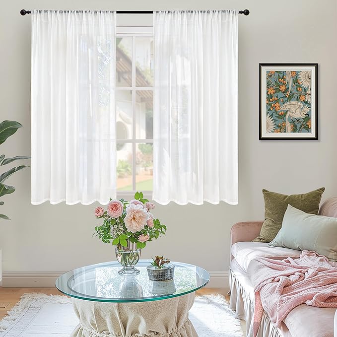 BGment White Linen Curtains 48 Inch Length for Short Window - Natural Semi Sheer Drapes Light Filtering with Rod Pocket for Living Room Bedroom Kitchen Lightweight Rustic, 2 Panels Set, 42 X 48 Inch