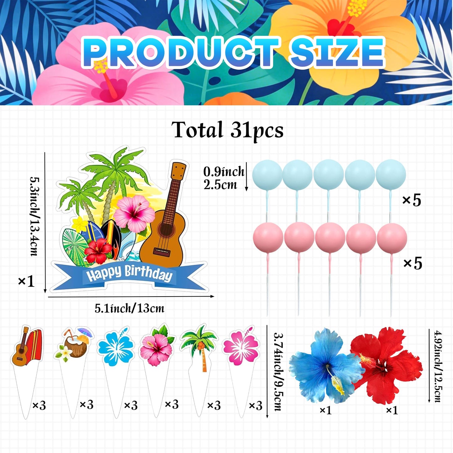 LaVenty Hawaiian Birthday Cake Decorations Tropical Cake Topper Luau Birthday Cake Toppers Hibiscus Flowers Cake Decorations