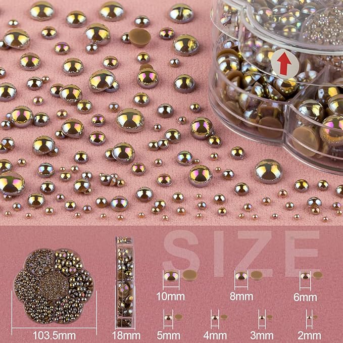 Nail Art Flat Back Half Round Pearl Kits 33, 1 Box of 6000 Pcs Flat-Back Brown AB Pearl with Tweezer and Picker Pencil for Home DIY Nails Body Face Craft and Salon Use