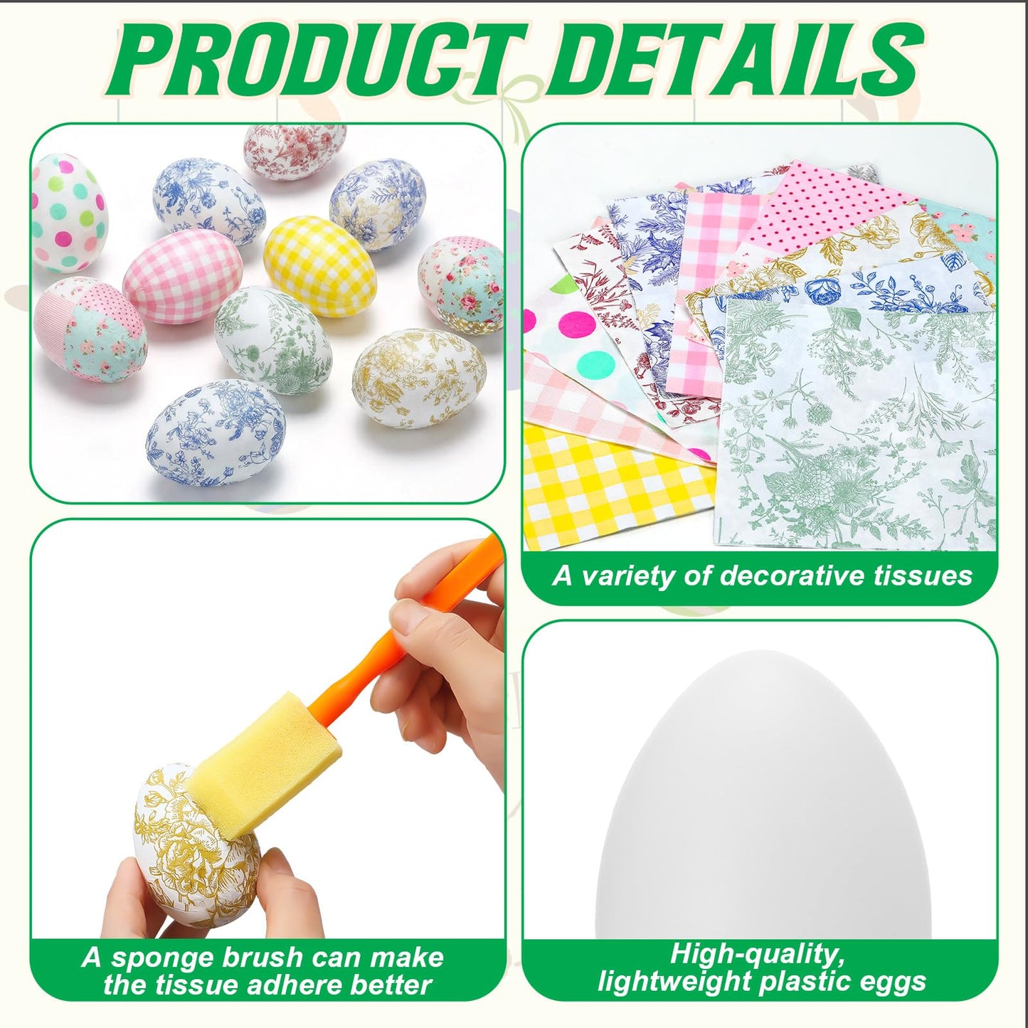 Gemscream 82 Pcs DIY Easter Unfinished Egg Decoupage Craft Include 24 White Eggs 50 Decoupage Napkins 5 Glues 3 Sponge Brushes Easter Decorations Party Favors for Craft Activities Family Party