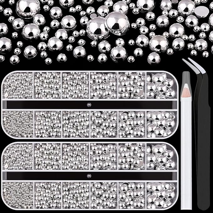 Belleboost Silver Nail Charms and Gems, 2 Boxes Half Round Flatback Pearl Nail Charms, Nail Pearls Rhinestones Silver Beads for Nails with Pencil and Tweezer for DIY Nail Art, Face Makeup and Crafting