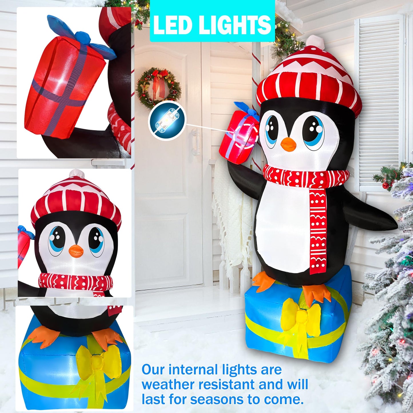 JOYEASE 5.5 FT Christmas Inflatables Penguin with Gift Boxes Decoration, LED Lighted Christmas Blow up Yard Decorations for Party Indoor Outdoor Garden Lawn Decor Xmas Inflatables Present