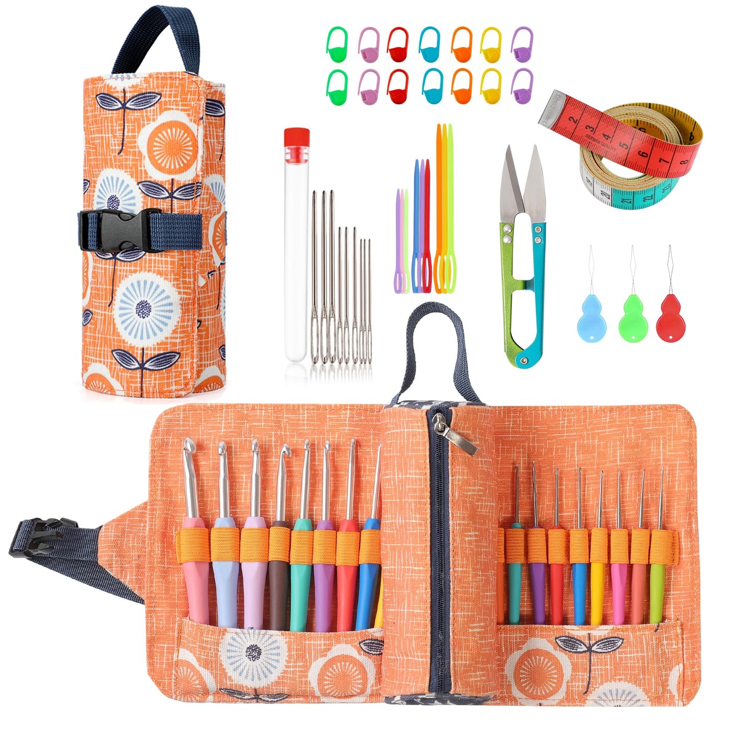 Vodiye 21 Sizes Ergonomic Crochet Hooks Set 0.5–10.0mm with Roll Bag, Soft Grip Crochet Needles for Crocheting Comfort