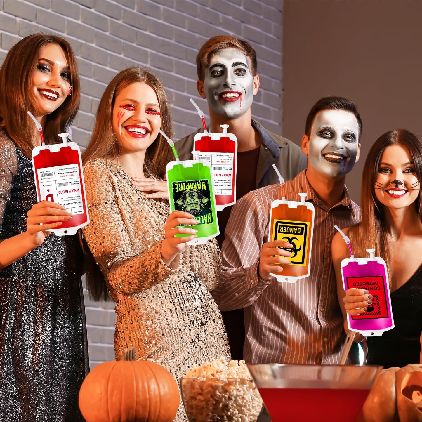MGparty 80 Pack Halloween Blood Bag Props, Refillable Pouches with Straws and Filling Tools, Spooky Accessories for Zombie Vampire Theme Party Supplies