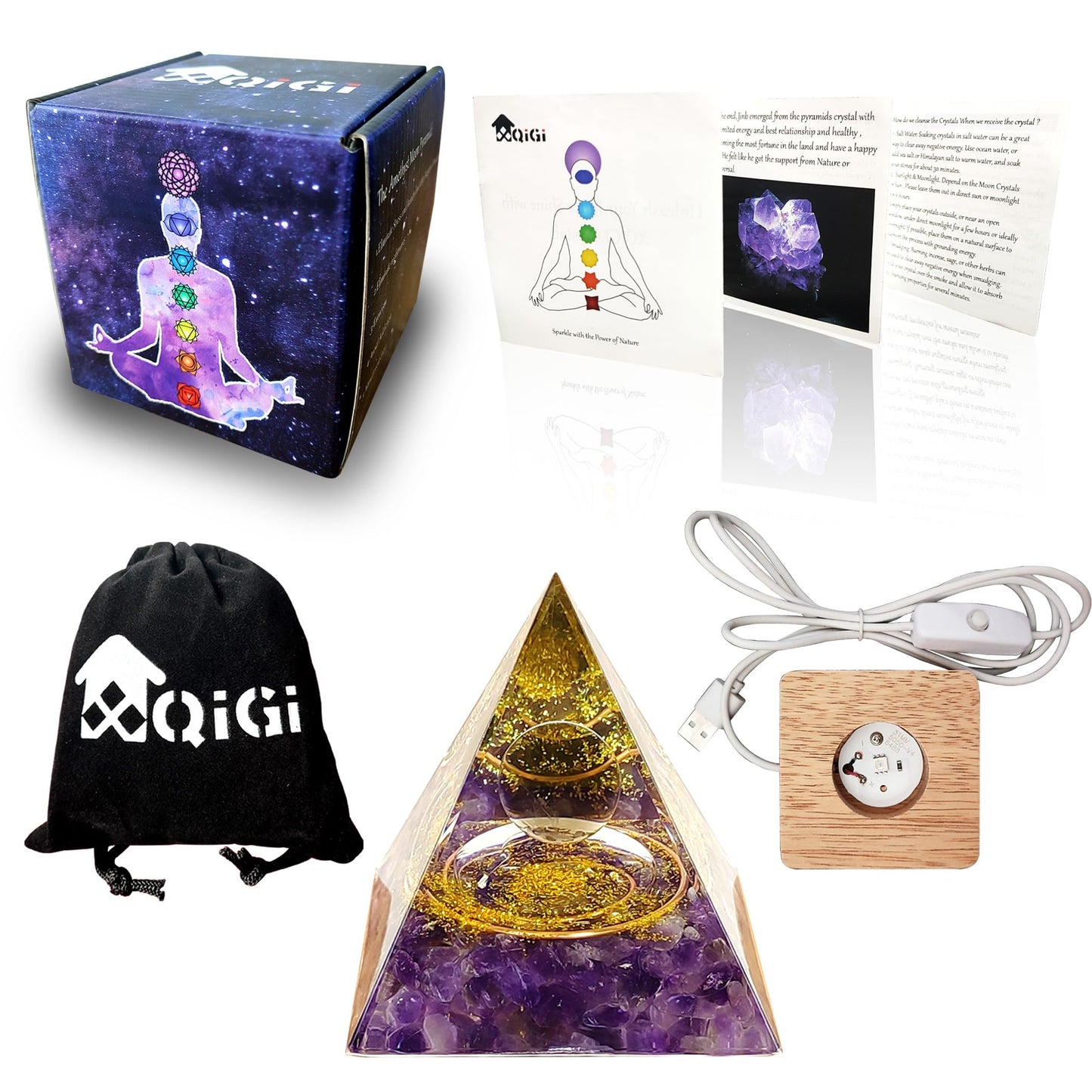 XQIGI Orgone Crystal Pyramid for Positive Energy, Light Base Natural Orgonite Amethyst Gemstone Obsidian Ball Stones, Healing Pyramids Gift for Chakra Reiki Healing Meditation Lucky Happiness Fortune