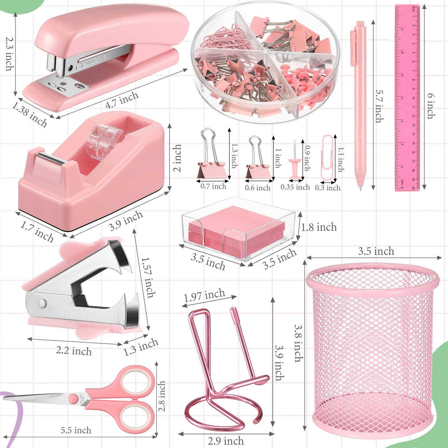 Sabary 12 Pack Pink Desk Accessories Office Supplies Set Include Stapler Staple Scissor Staple Remover Tape Dispenser Ballpoint Pen Sticky Notes Holder Phone Holder Ruler Pen Organizer for Gift