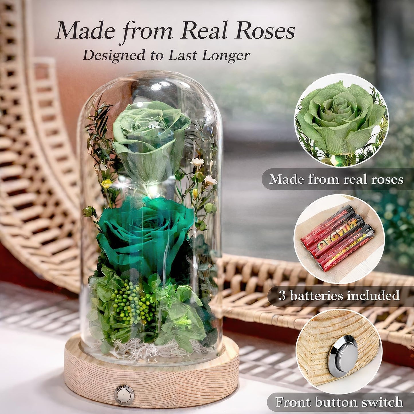 Regalo Flor Preserved Flowers Gifts for Women, Unique Green Preserved Roses in Glass Dome, Forever Flowers for Mom, Birthday Gifts for Women
