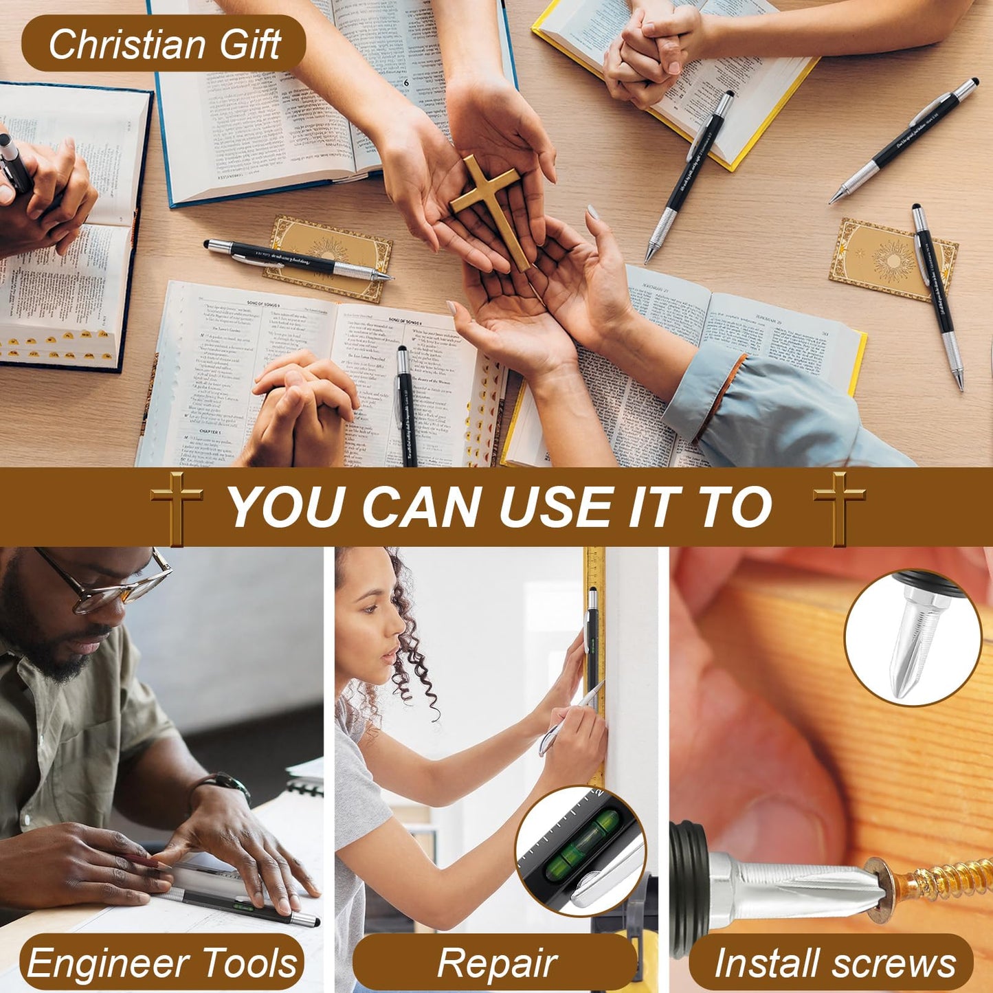Sayglossy 48pcs Christian Multitool Pens Valentines Gift Bible Verse Religious 6 in 1 Multitool Pen Bulk with Ruler, Level, Stylus, Screwdriver for Men Pastor Father