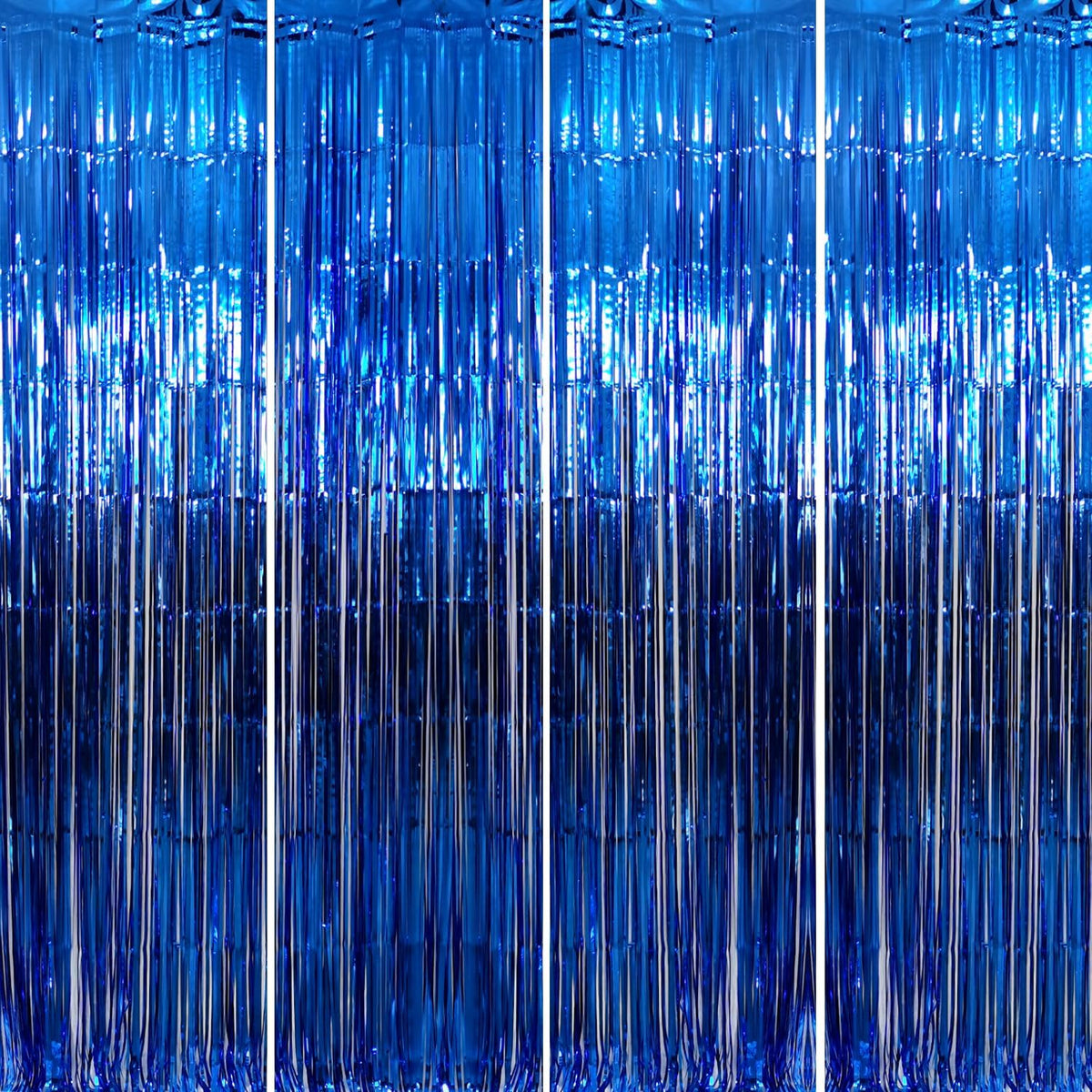 GOER 3.2 ft x 9.8 ft Metallic Tinsel Foil Fringe Curtains Party Photo Backdrop Party Streamers for Birthday,Graduation,New Year Eve Decorations Wedding Decor (4 Packs,Navy)