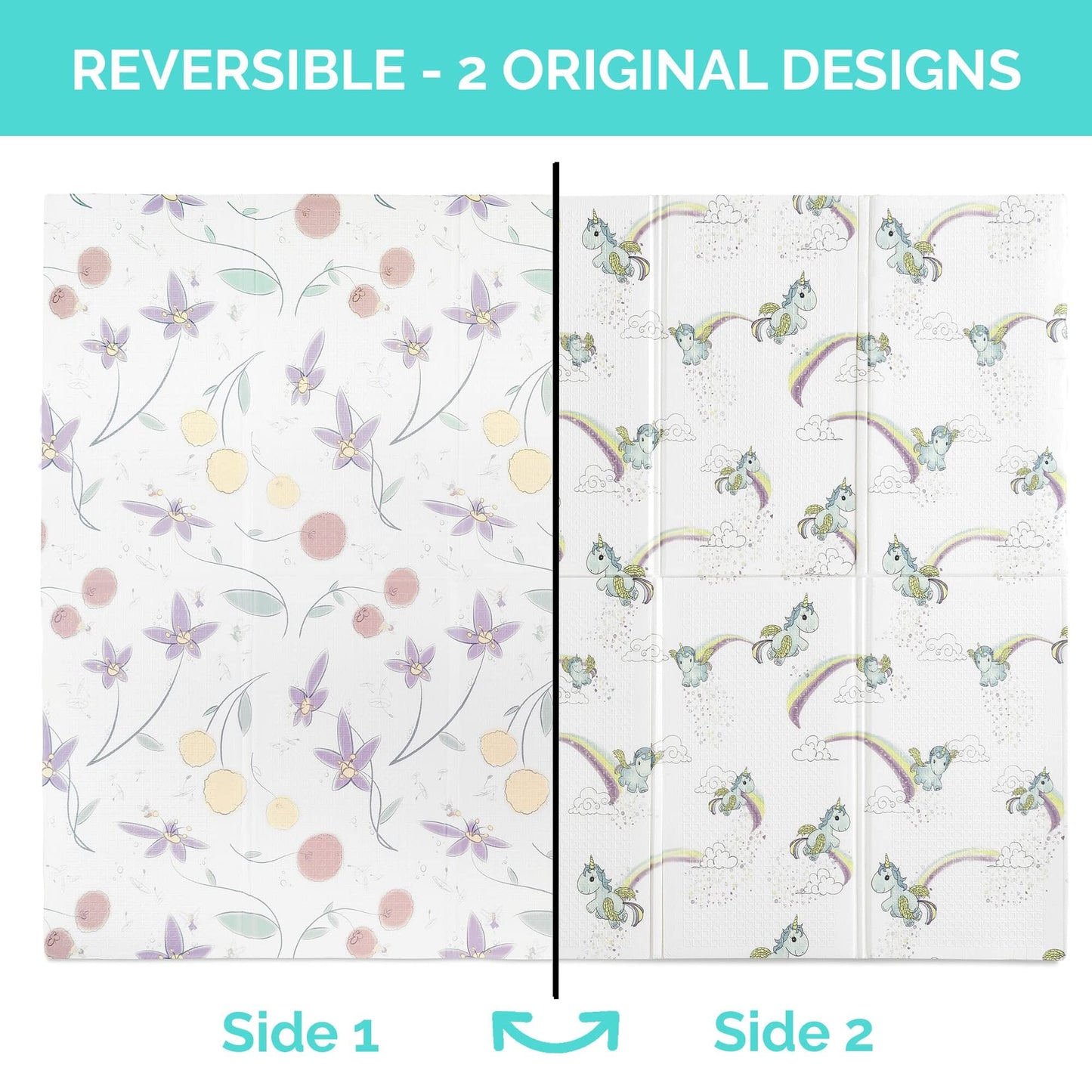 JumpOff Jo Foldable Foam Play Mat – Large Waterproof Baby & Toddler Activity Floor Mat, Double-Sided 70 x 59 Inch Play Surface - Fairy Blossom