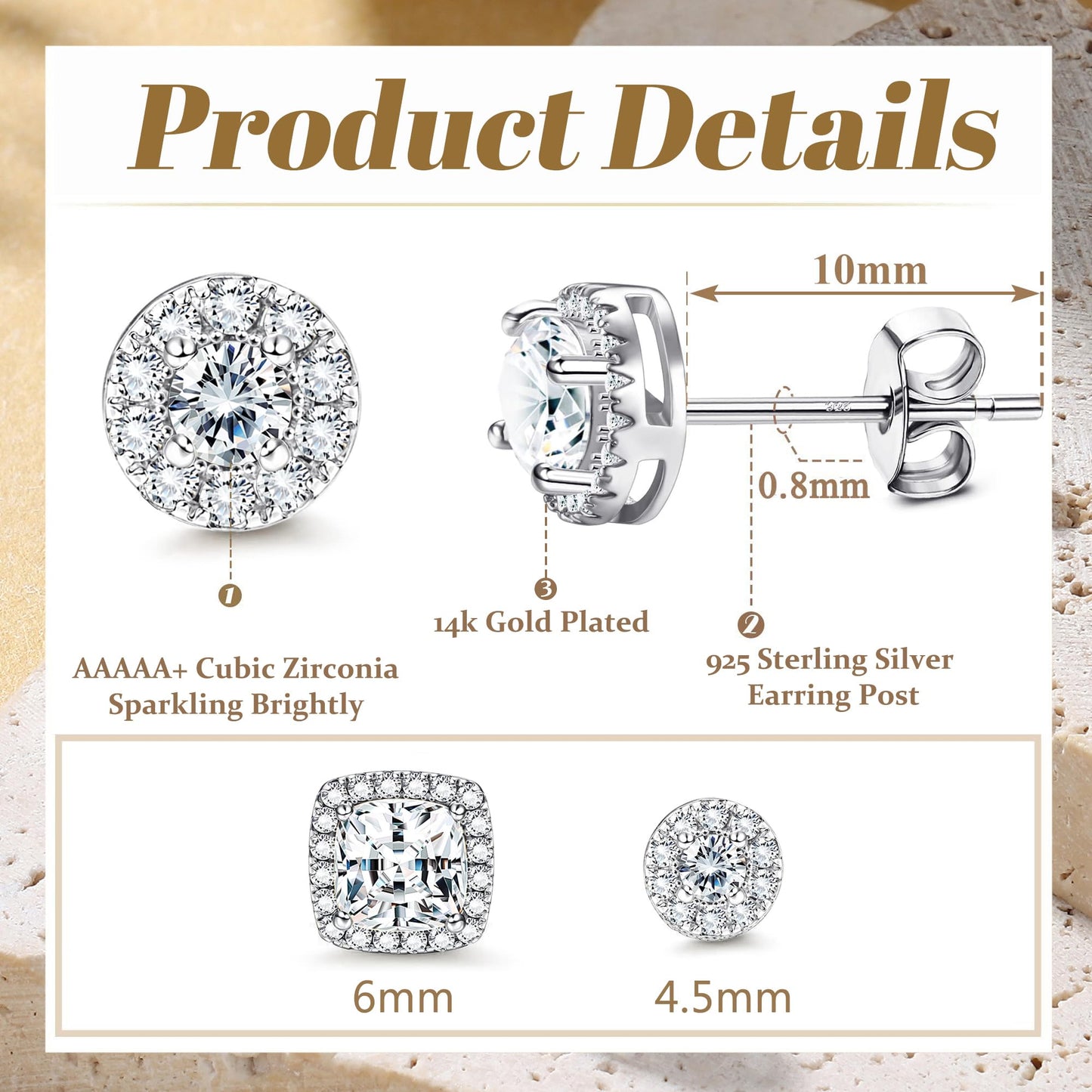 Hayoso Cubic Zirconia Stud Earrings for Women Men Sterling Silver Earring Post Hypoallergenic 14k Gold Plated Round&Square Earrings Silver2