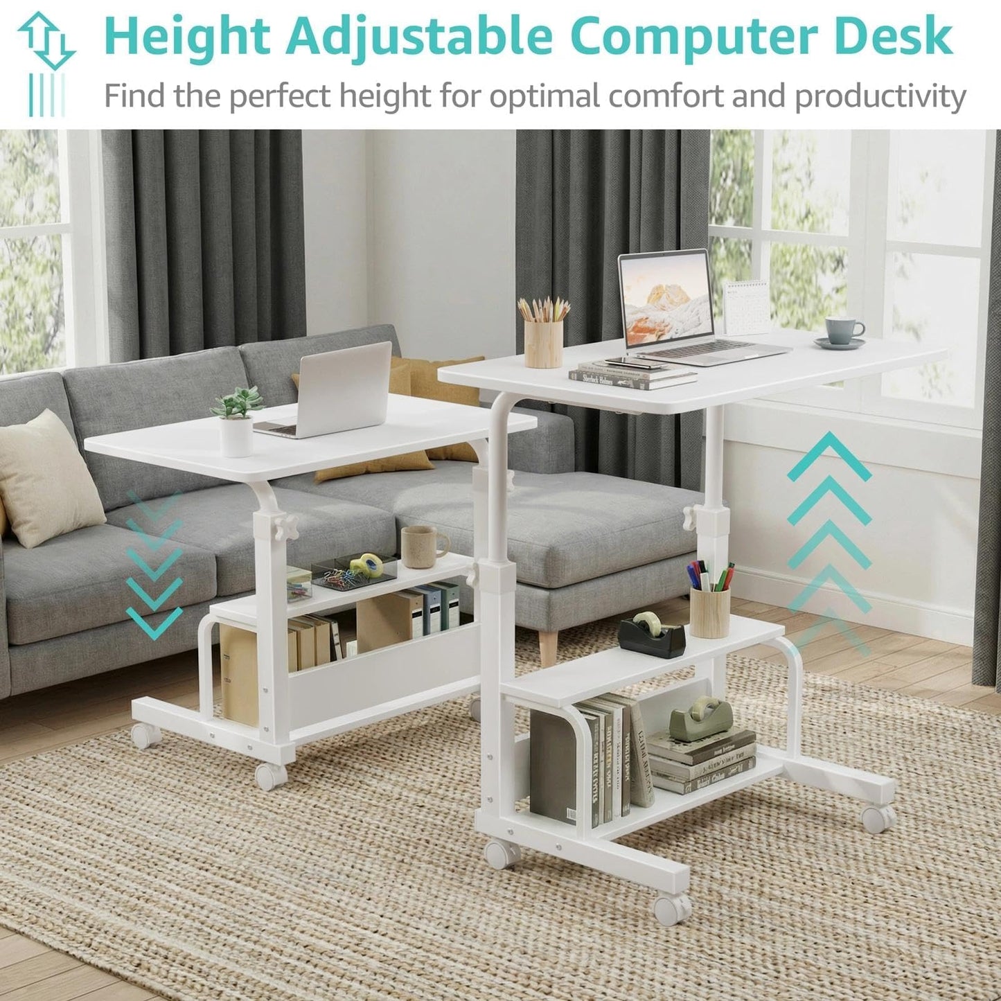WINAZ Small Portable Laptop Rolling Desk - 32" White Mobile Kids Desk with Wheels for Small Spaces, Height Adjustable C Shaped Side Table with 2-Tier Storage Shelves for Bedroom