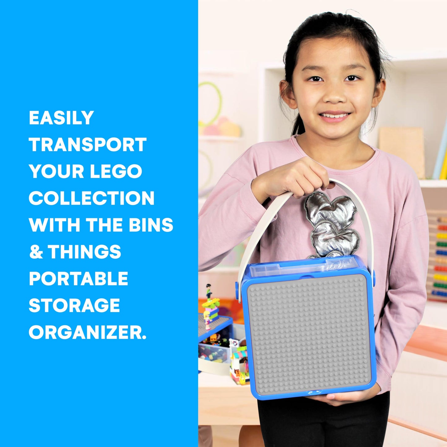 Bins & Things Storage Bin Organizer Box - Toy Storage Case for Building Blocks, Small Dolls and Accessories - Kids Toy Suitcase with Baseplate Lid - Mess-Free Organizer for Travel and Playroom