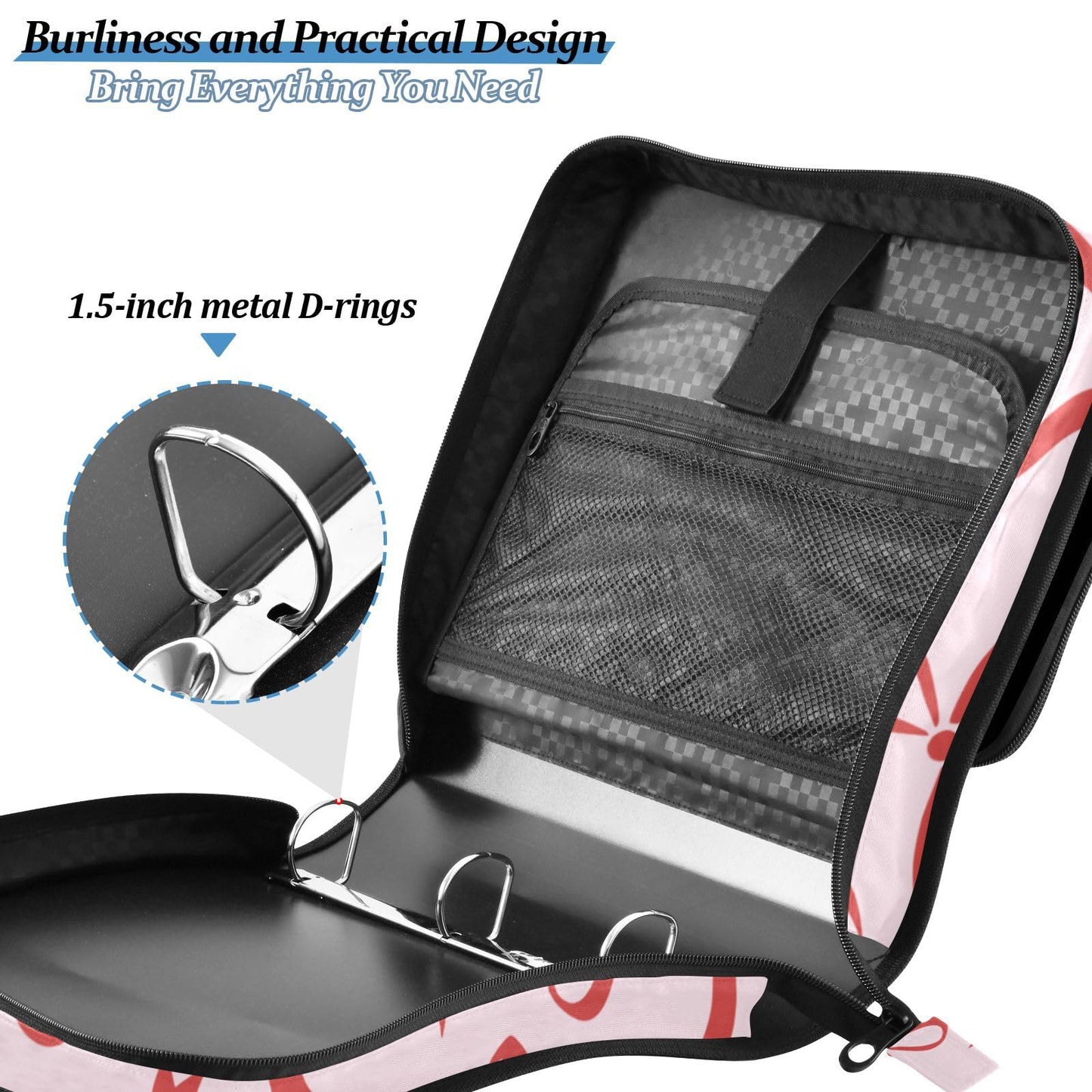 Ribbon Bow Pink Print Zipper Binder Bag 3 Ring with Shoulder Strap & Handle Multi Pocket Binder Organizer Bag Large Capacity for School Office Supplies