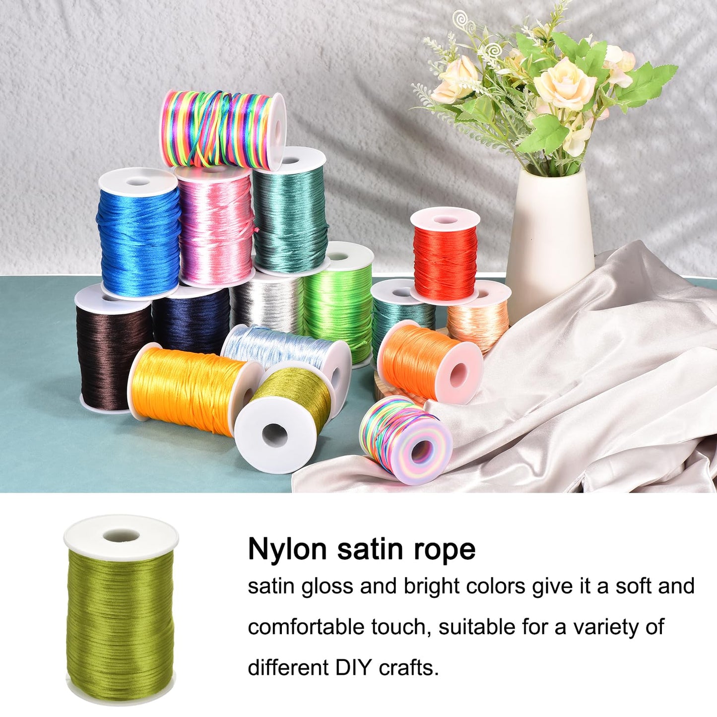 Rebower Nylon Satin Cord 2.5mm, 109 Yard Nylon String for Bracelet Braided Thread [for Jewelry Making Necklace Chinese Knot Craft] - Army Green