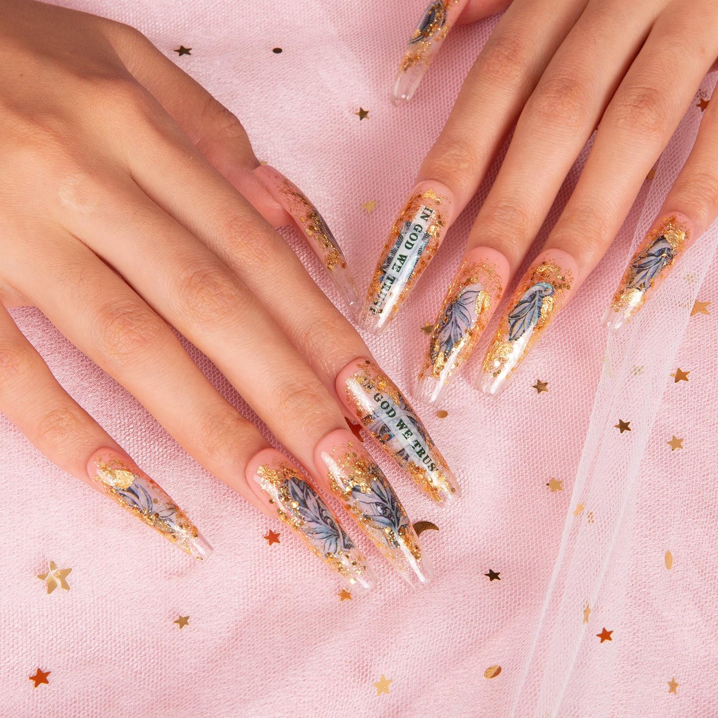 LOVFUL Press on Nails Dollar | Handmade with Full Covered Crystals | Reusable Fake Nails | Coffin Mid length 1.7 in | H98-S