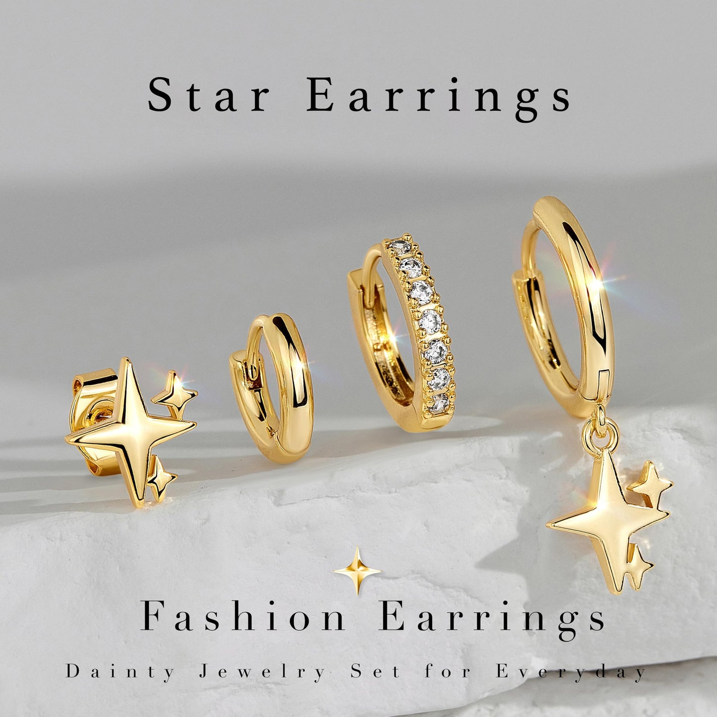 Gold Star Earrings for Women,Huggie Small Stack Cartilage Hoop Cross Stud Earring Sets for Multiple Double Piercing, Conch Helix Rook Tragus Daith Piercing Gold Clip On Jewelry Set Gifts