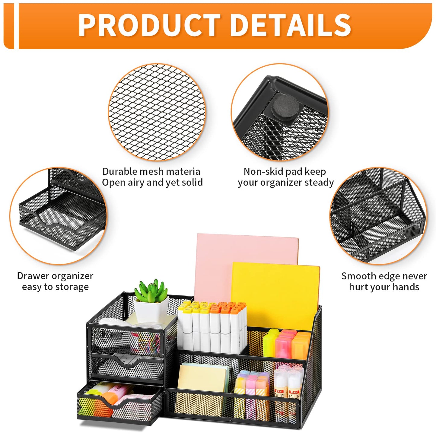 Lavatino Larger Mesh Desk Organizer with Drawers, Multifunctional Desk Organizers and Accessories with 6 compartments + 2 Drawer, Office Desktop Organization for supplies (Black)