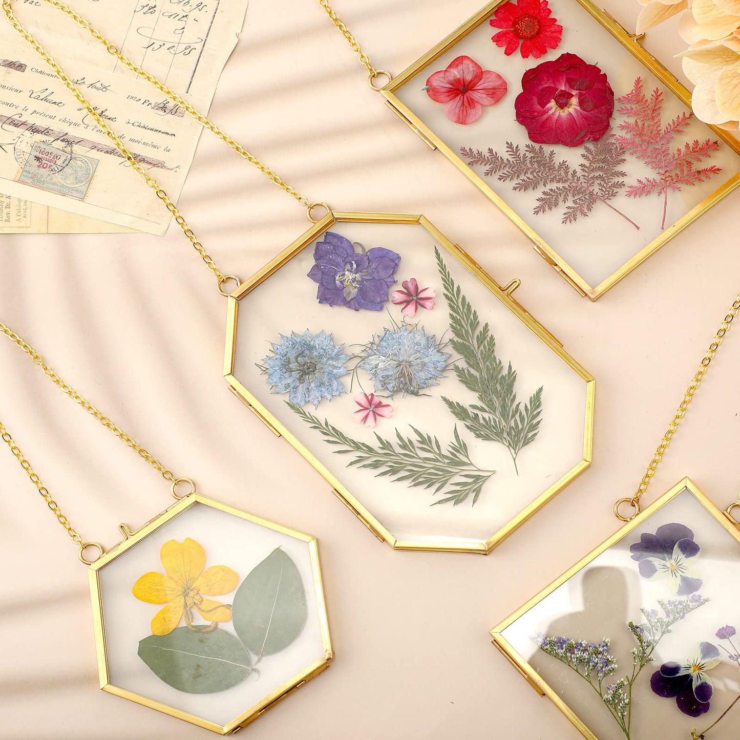 Bucherry 5 Pcs Glass Frame for DIY Pressed Flowers Art Brass Hanging Photo Picture Frame with Chain and 6 Styles Pressed Flowers Collage Glass Craft Frames for Wall Decor Display Gallery (Gold)