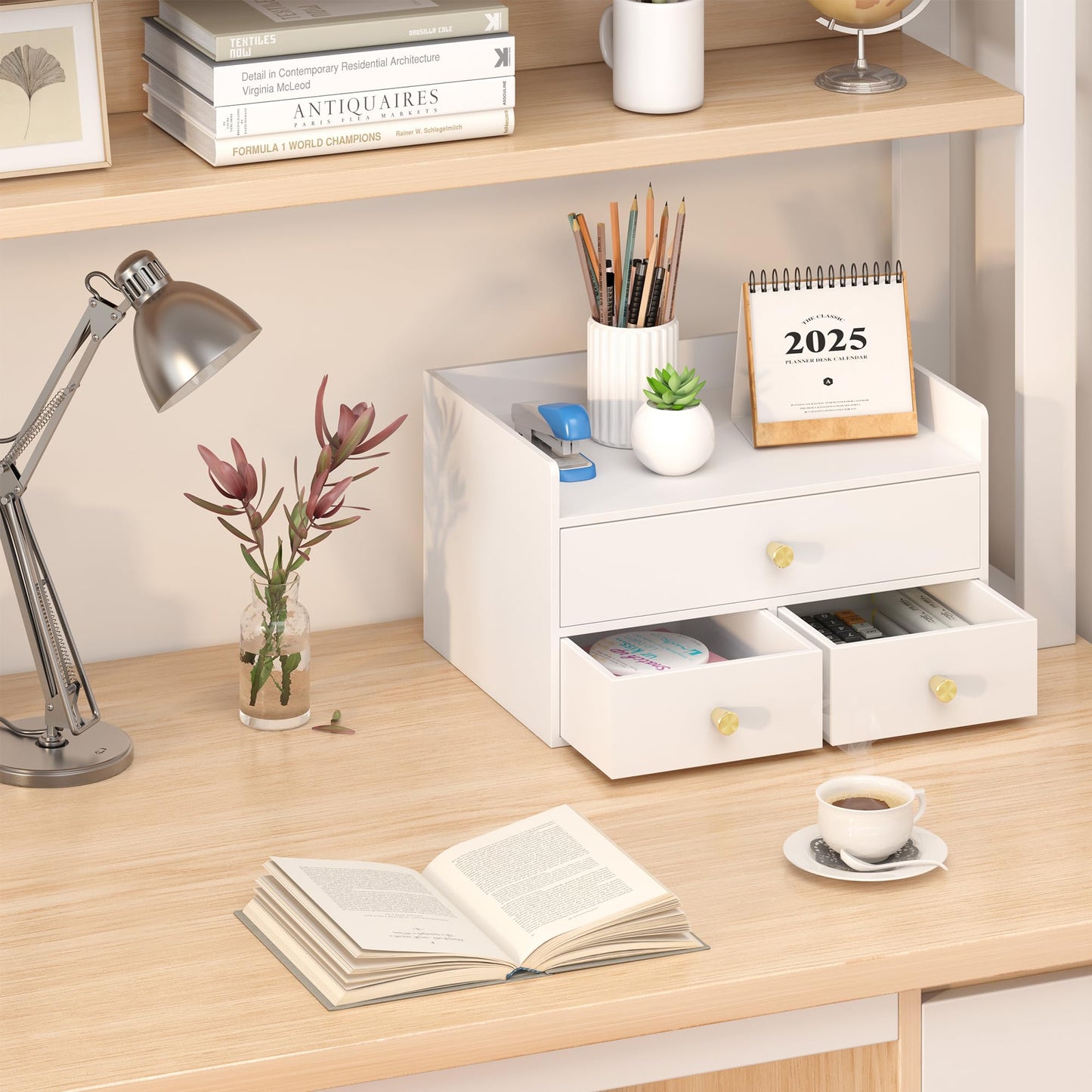 Bamboo Desk Organizer with Drawers Wooden Desktop Storage Drawers for Bills Office Supplies Kitchen Utensils Organizing Tool for Home Classroom Organization No Assembly (White, 3 Drawers)