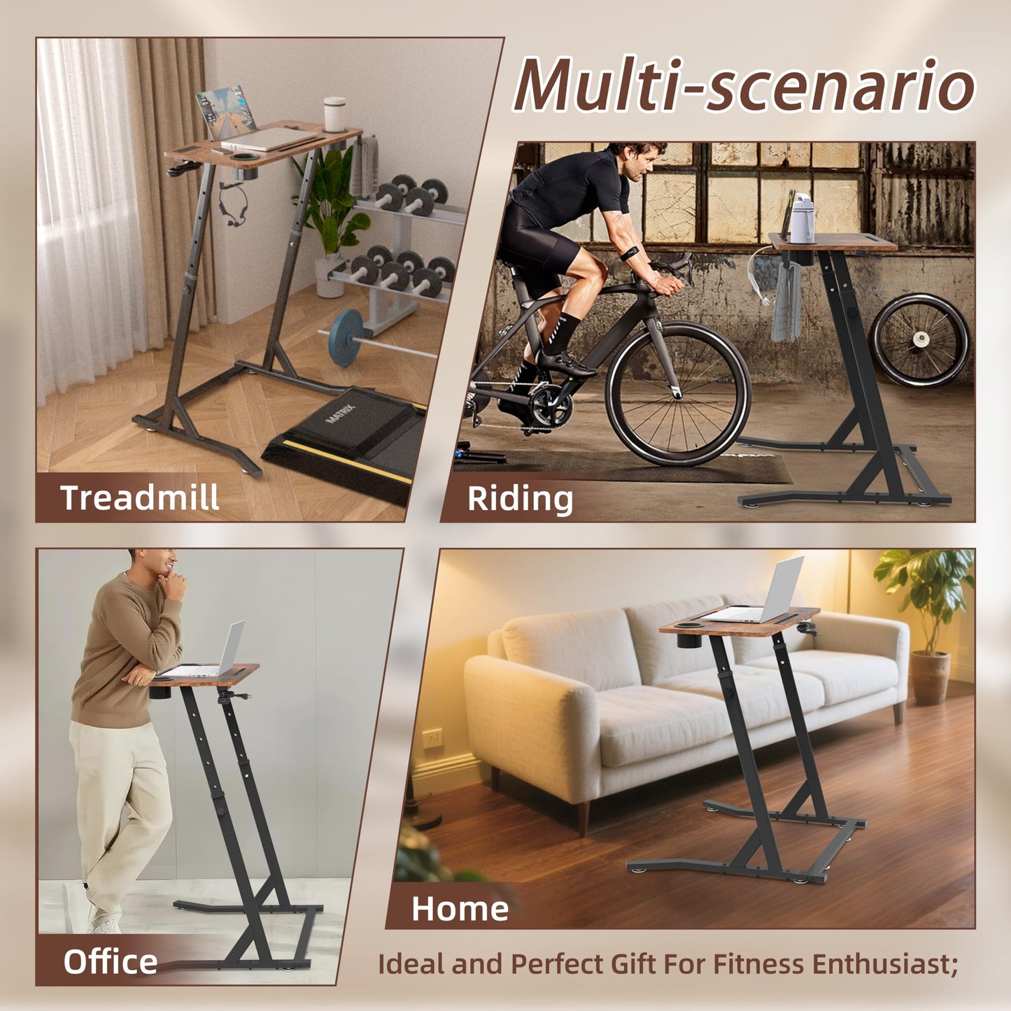 OrigoDeco Indoor Cycling Desk, Adjustable Standing Desk for Walking Pad, Bike Trainer Desk with Power Socket, for Indoor Cycling Treadmill & Office Use, Exercise While Working or Watching TV