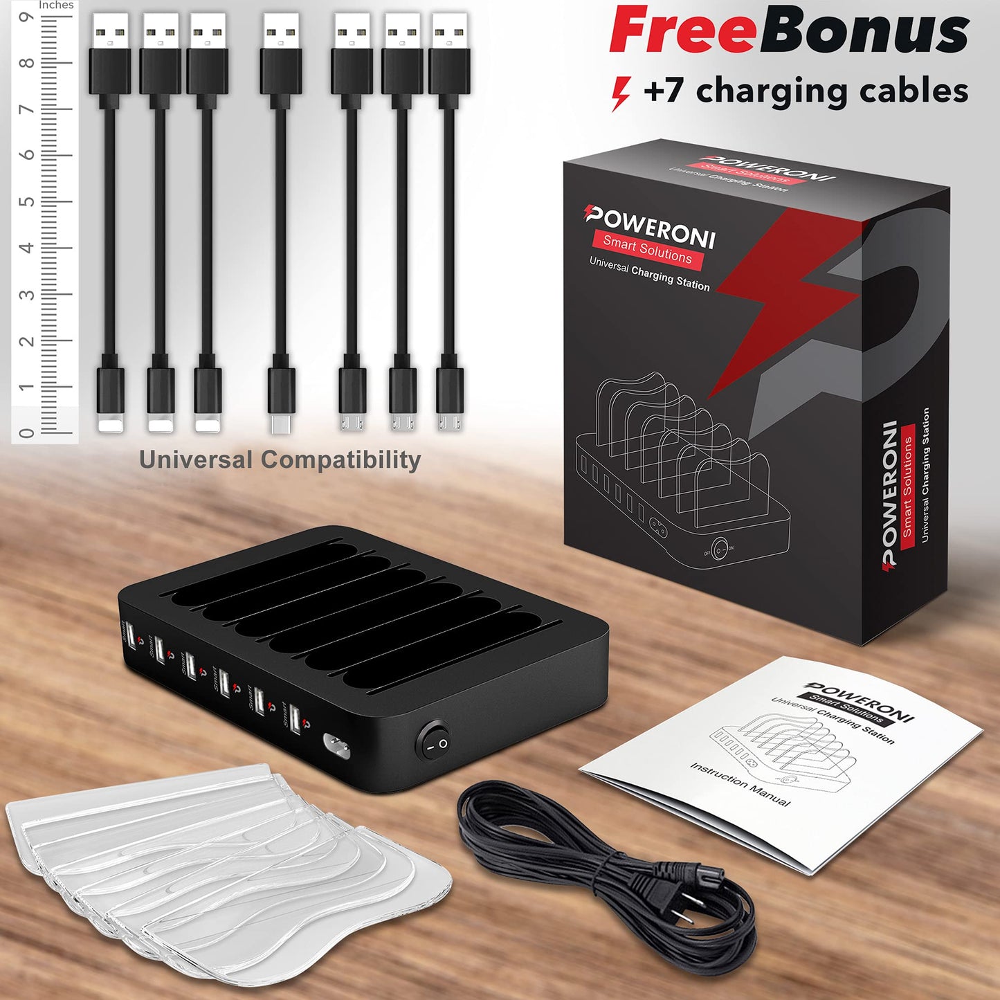 USB Charging Station - 6 Port Universal Charging Station for Multiple Devices - Multi Device Charger Dock - Compatible with Apple, iPad, iPhone, Android Cell Phones, and Tablets - Black