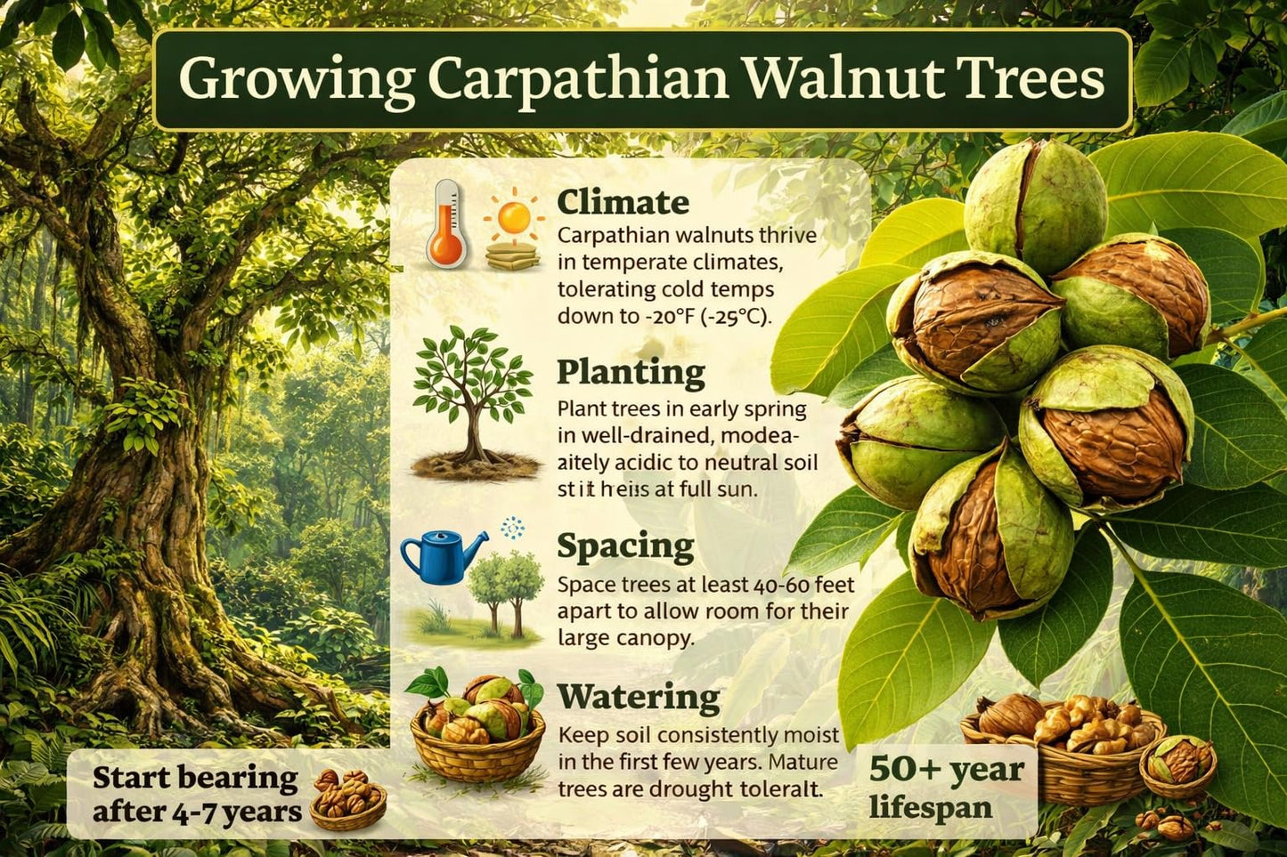Carpathian Walnut Tree Live Plants (Juglans regia) – Cold Hardy, High-Yield English Walnut Nut Tree – Fast Growing, Premium Hardwood Producer – Ideal for Homesteads & Orchards (2 Trees)