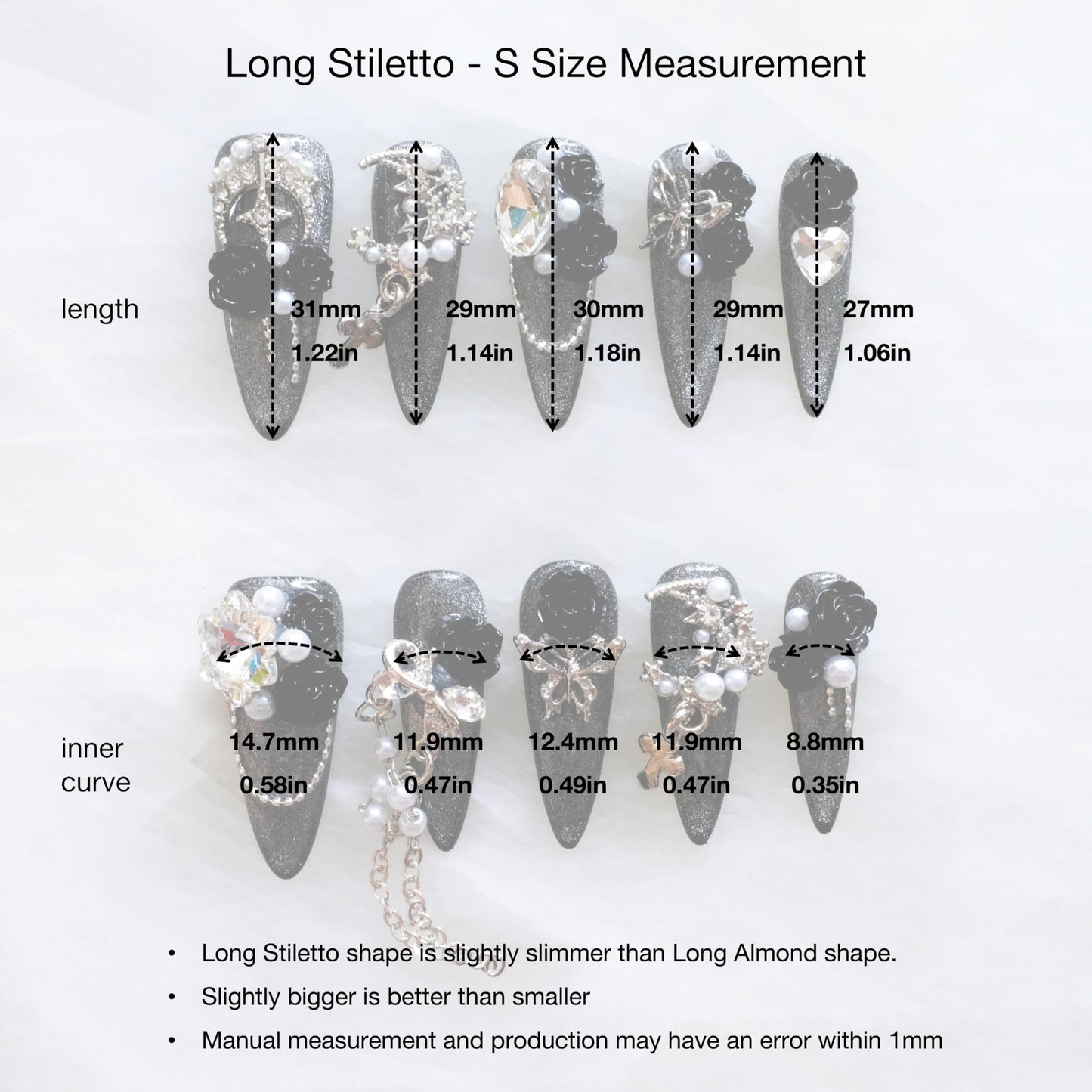 GLORS Luxury Long Stiletto Press-On Nails, 3D Black Roses with Silver Glitter, Pearl and Rhinestone Decorations, Handmade False Nail 10 Pieces (Small, LS)