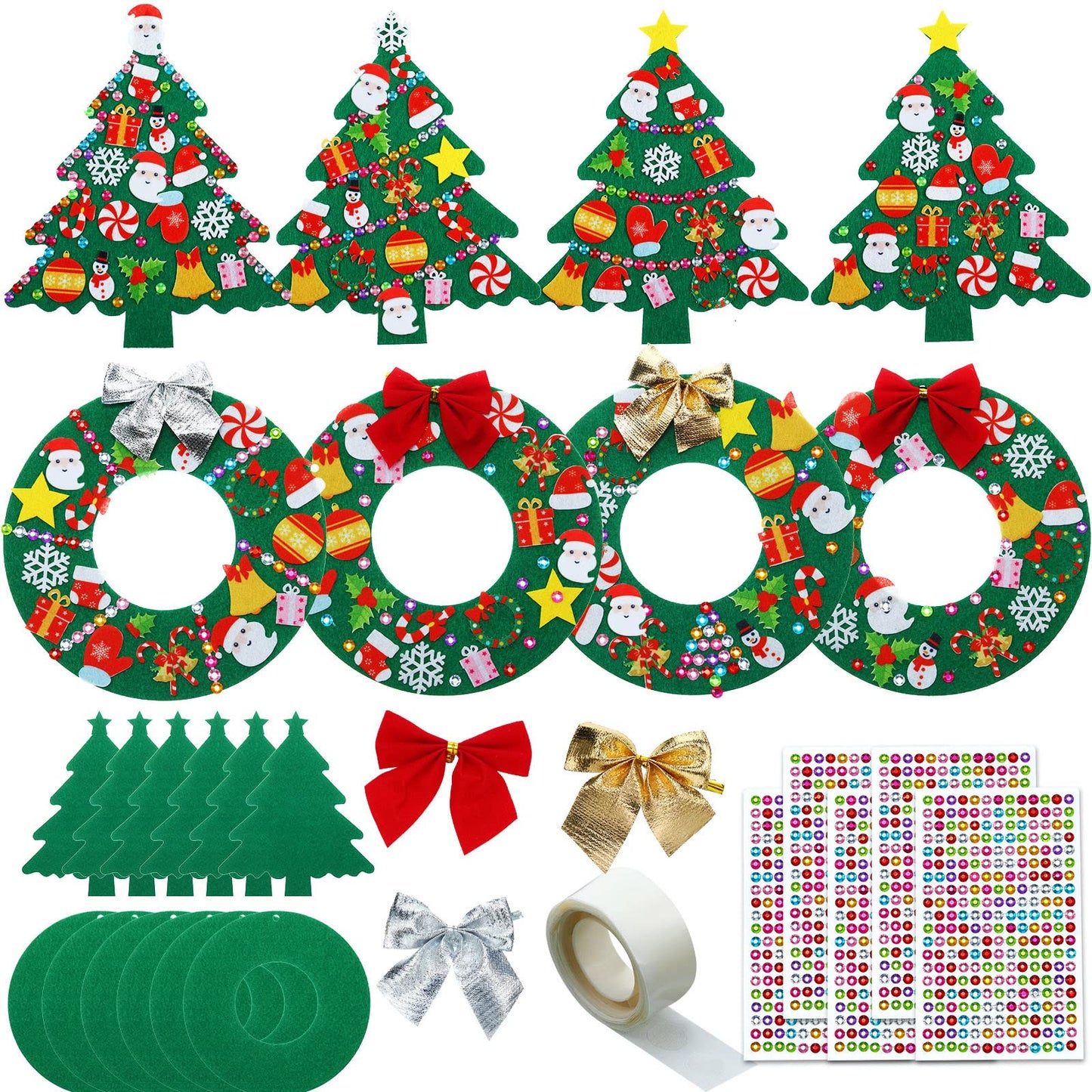 Tatuo 12 Pcs Felt Christmas Tree Wreath Decorating Craft Christmas DIY Ornaments Making Kit with 221 Self Adhesive Felt Stickers 12 Bows and 5 Gem Stickers (Wreath Style and Trees Style)
