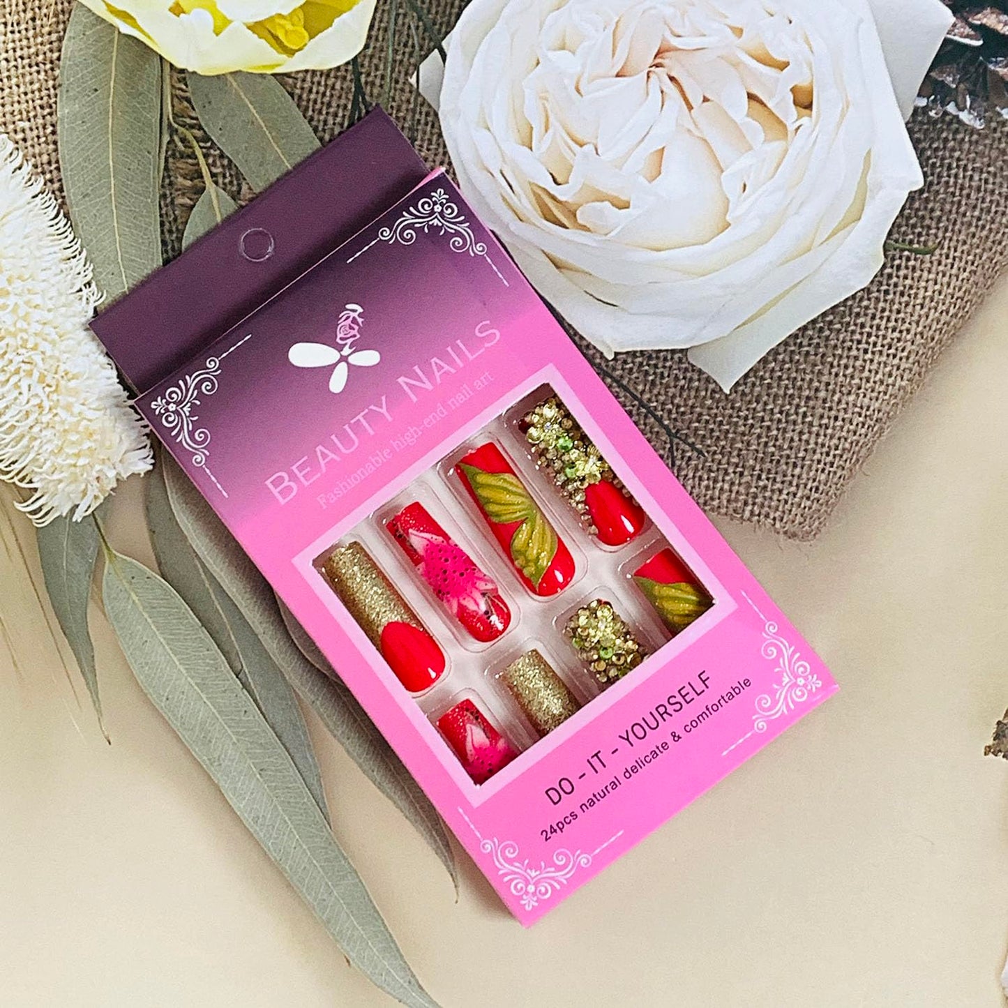 FIEONCIY Press on Nails Coffin Long Length Acrylic Glossy Full Cover Square Shaped French False Nails with Designs Artificial Extra Long Fake Nails with Charms Glue ons Fingernails for Women(AA125)