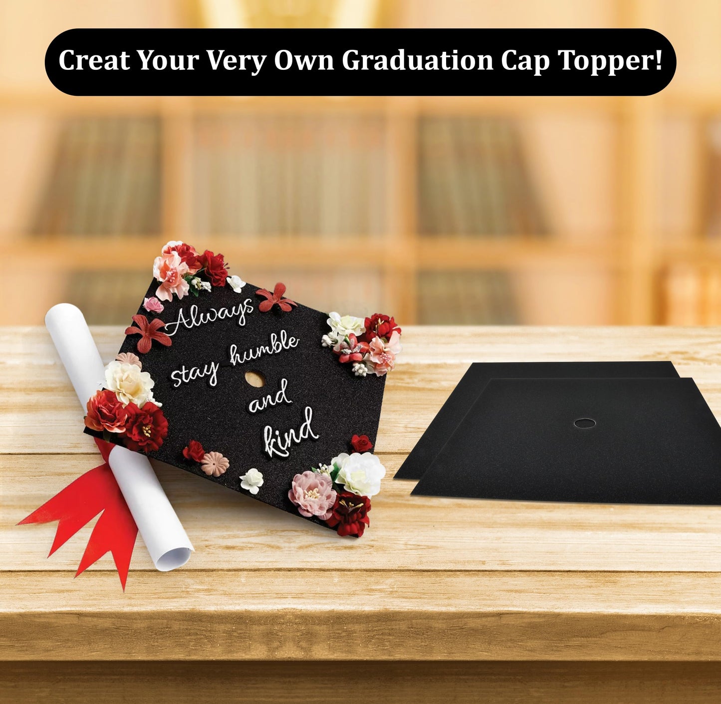 Graduation Cap Topper Kit 25 Count 9x9 Inch Black Glitter Caps with 150 Adhesive Dots for DIY Decorating Mortarboard Decoration Supplies