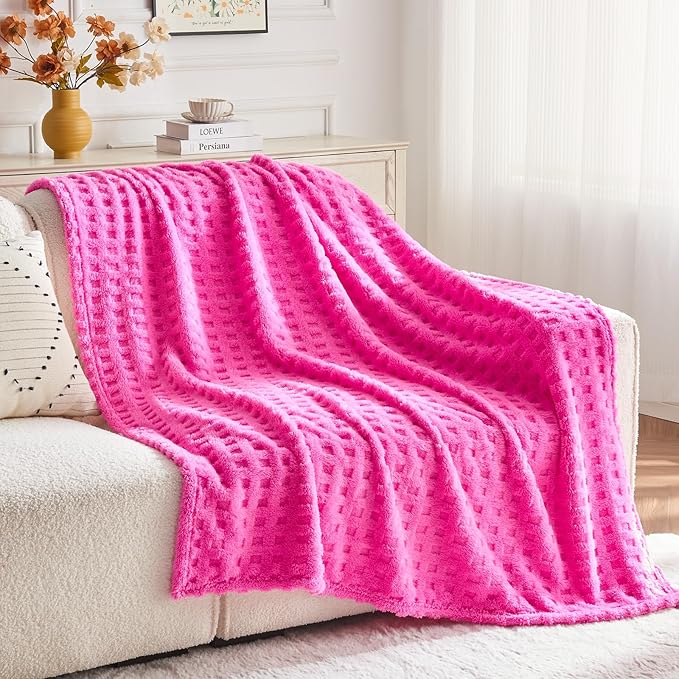 NEWCOSPLAY Super Soft Throw Blanket Pink Premium Silky Flannel Fleece 3D Waffle Checkered Lightweight Bed Blanket All Season Use (Hot Pink, Throw(50"x70"))