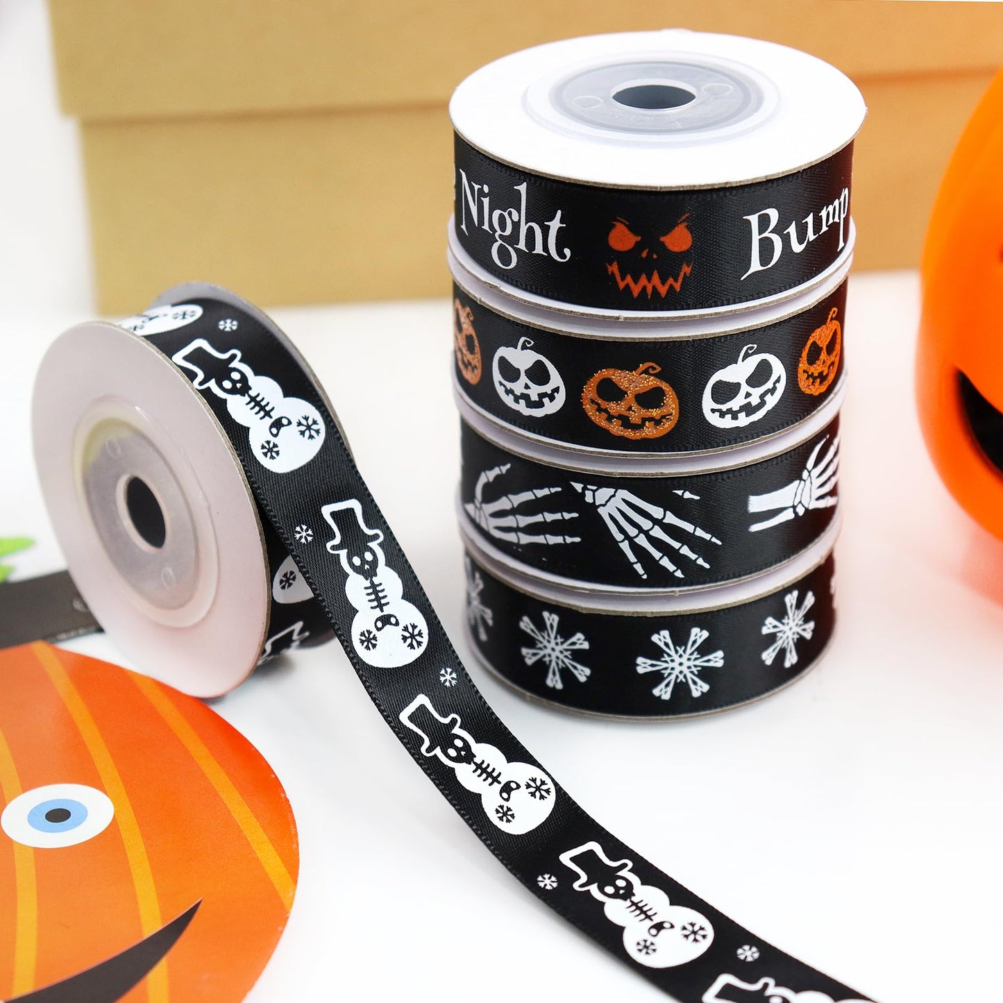 13 Rolls 65 Yards Halloween Ribbon Spider Skull Gnome Pumpkin Ribbons Halloween Printed Ribbon Gift Wrapping Home Wreath DIY Craft Party Decoration