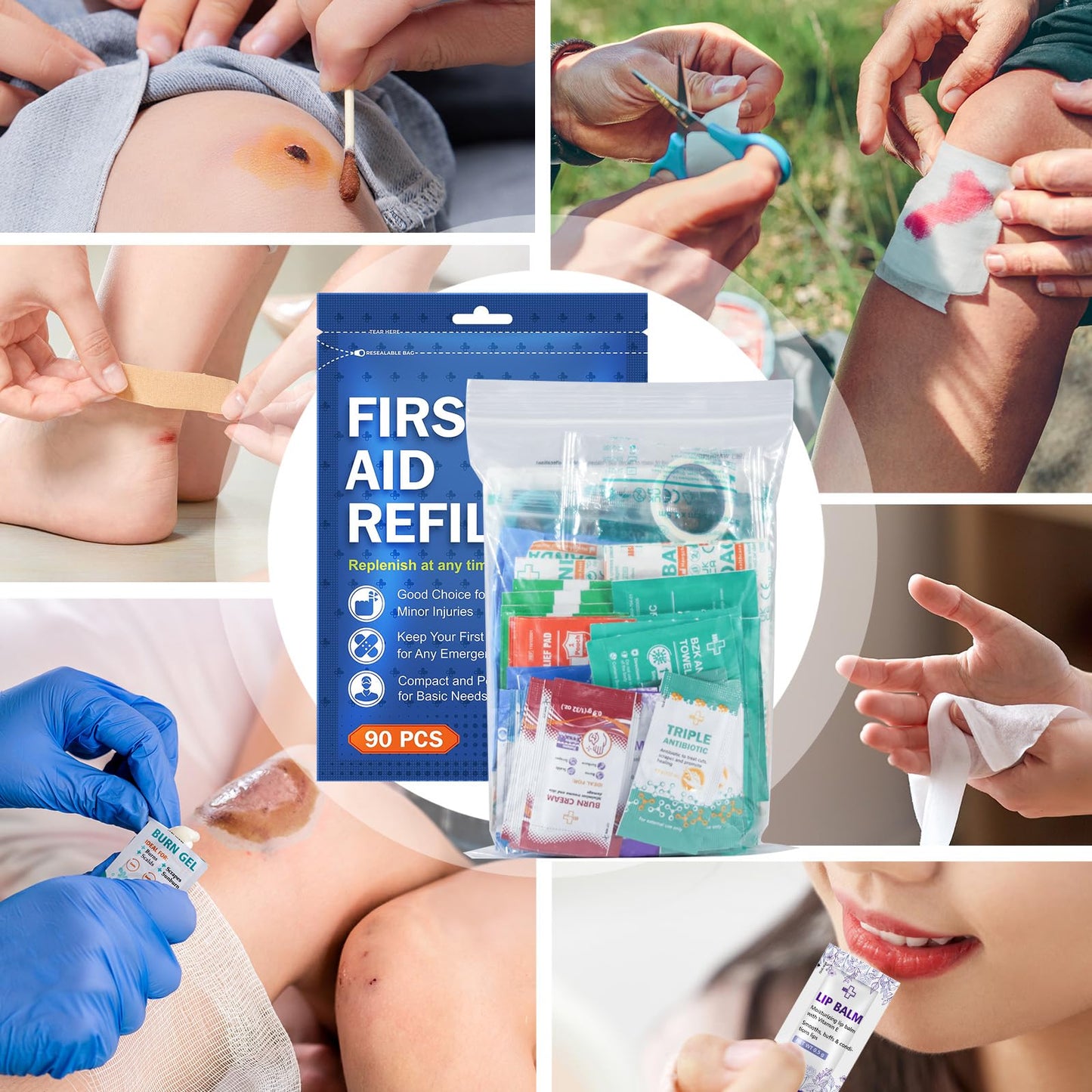 SuccorWare 90 Pieces First Aid Refill Kit - Wound Care Kit Includes Bandages for Home, Travel, Hiking - Portable Replacement Kit for First Aid Medical Supplies（1 Set）