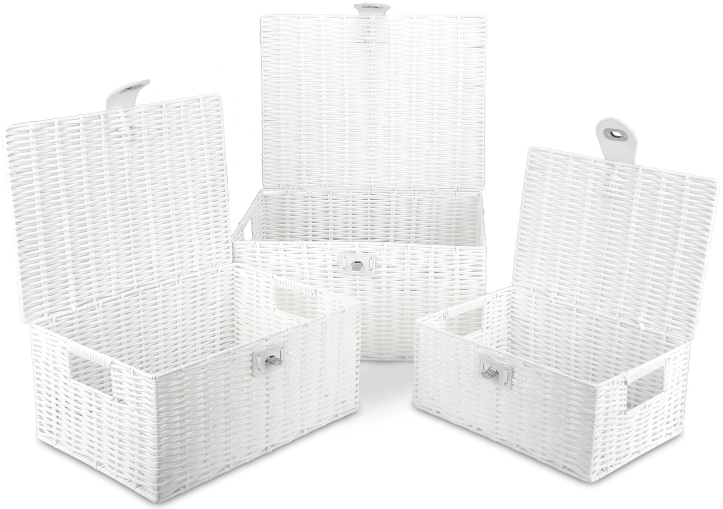 Honygebia White Wicker Storage Baskets - Set of 3 Decorative Nesting Boxes with Lids, Woven Basket with Lock & Handle, Organizer for Beauty Makeup Bathroom Decor