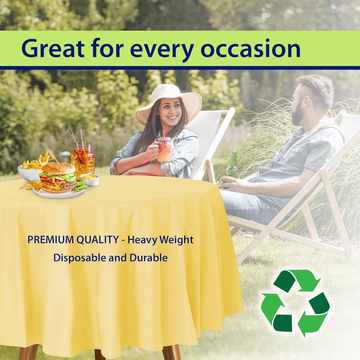 Yellow Disposable Plastic Tablecloth for Round Tables (12 Pack) 84 inches Table Cloths for Parties, Events & Weddings, Indoors & Outdoors, Plastic Table Cover