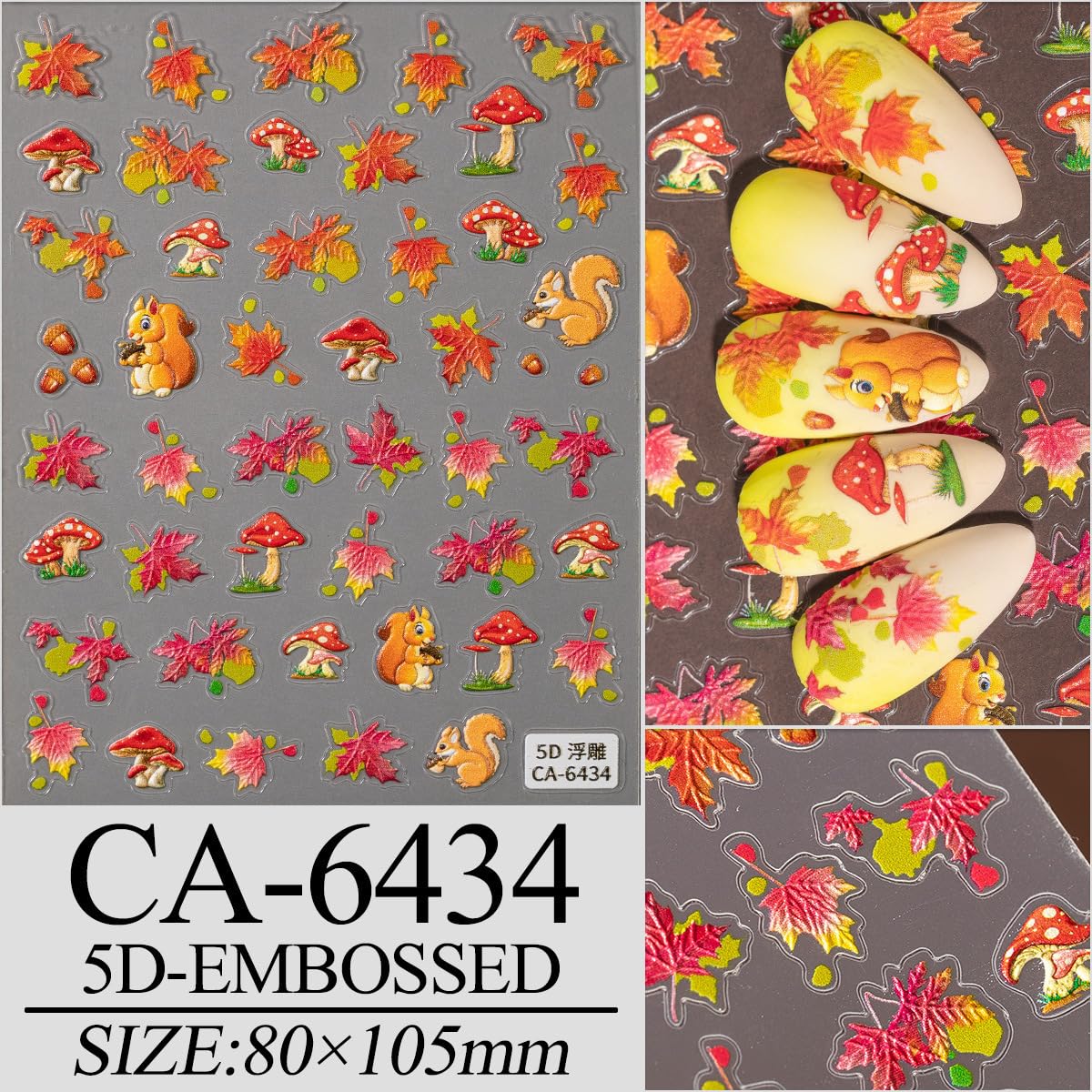 Fall Nail Stickers 5D Embossed 3D Self-Adhesive Maple Leaves Nail Art Stickers Mushroom Nail Designs Cute Squirrel Nails Decal Pine Cone Pumpkin Nails Supplies for Women DIY Acrylic Nails 4 Sheets