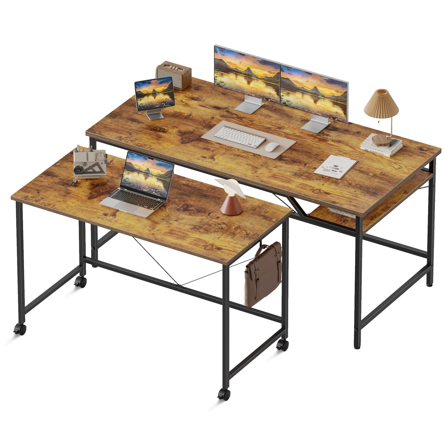 Mericonia 48 inch Computer Desk w/Shelf & Adjustable Feet, 32 inch Rolling Office Desk w/ 1 Hook, Small Space Desk for Home, Office, Study, Writing, Bedroom, 2 Pack