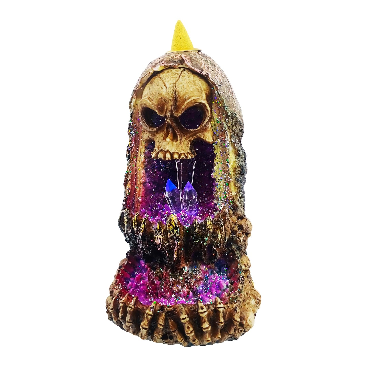 Fantasy Gifts Geode Skull Backflow Burner with LED – 6.5 Inch Crystal Waterfall Décor Accent | Mystical Skull Tabletop Decoration for Meditation, Gothic & Fantasy Home Décor