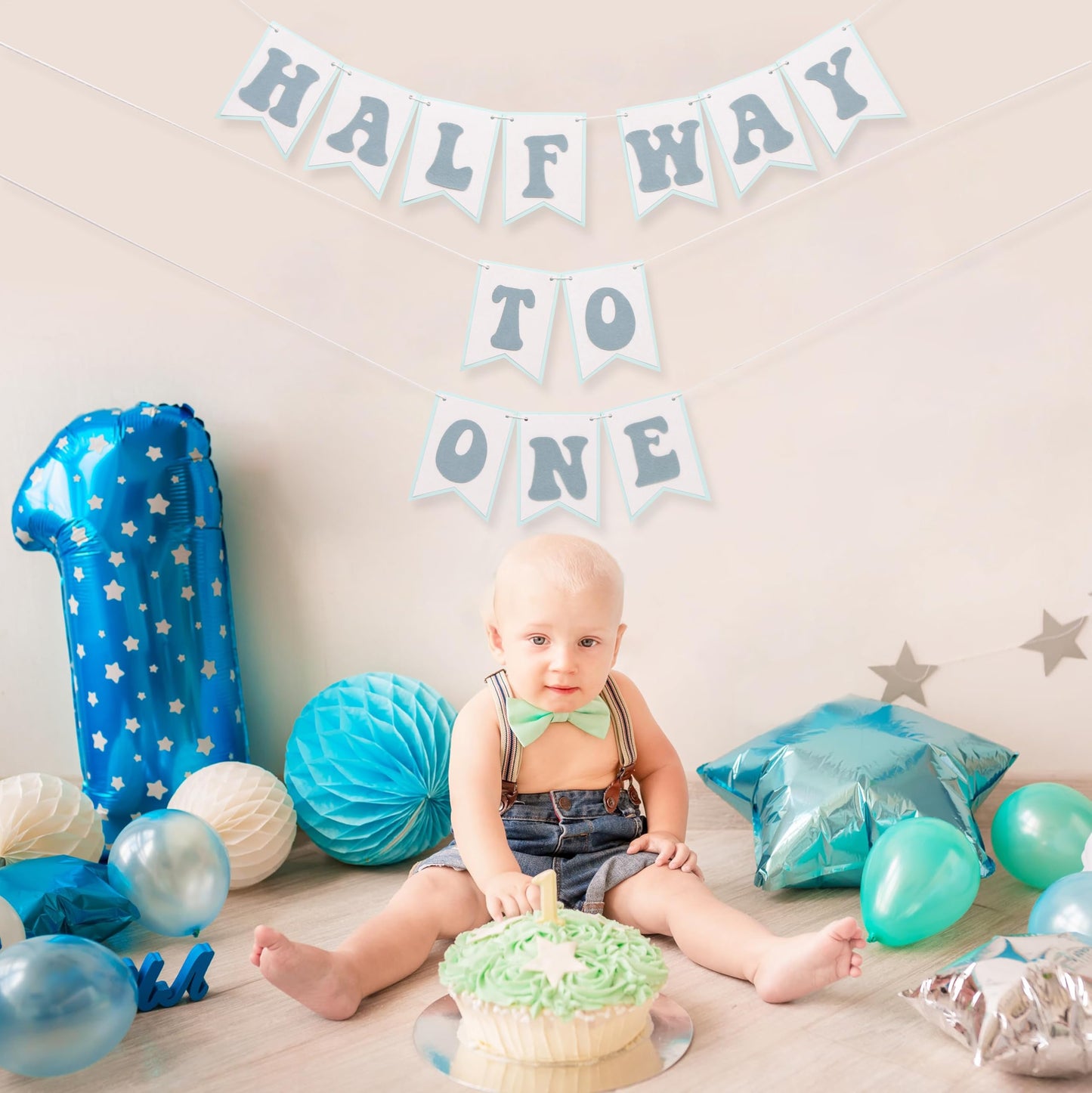 Half Way To One Banner- Neutral 6 Months Birthday Backdrop, Baby Half Cake Smash Photo Props, Birthday Party Decorations