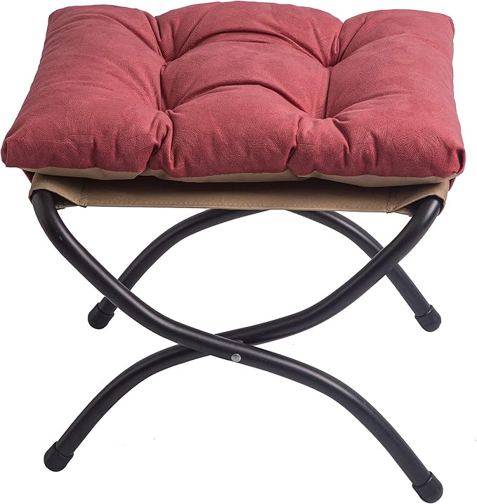 15" Foldable Foot Stool Ottoman with Metal Frame - Washable Red Upholstered Indoor/Outdoor Footrest for Living Room, Bedroom, Patio - Space-Saving Compact Design
