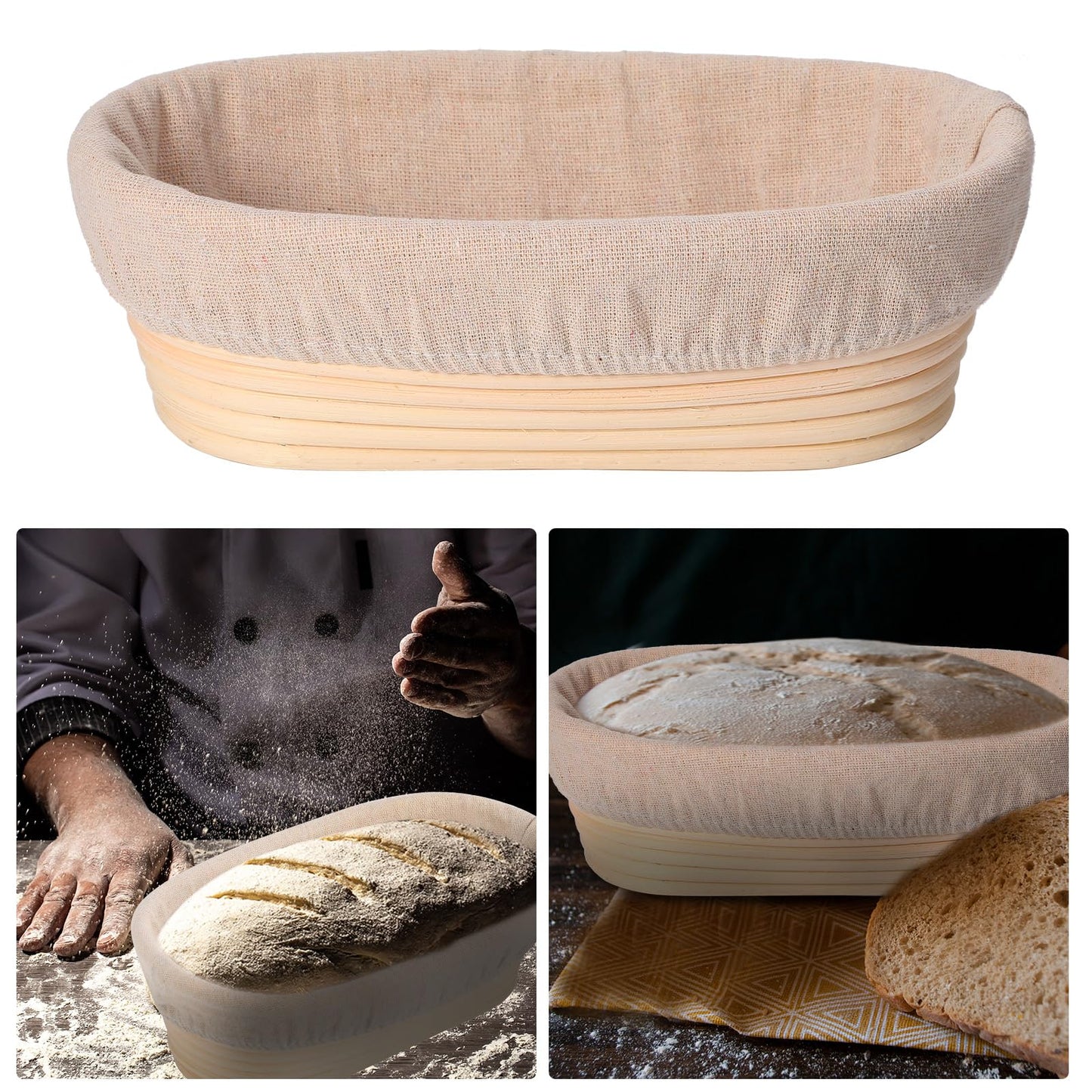 Gejoy 12 Set Bread Proofing Baskets Oval Shaped Banneton Dough Proofing Bowls Kit with Cloth Liner and Plastic Scraper Sourdough Proofing Basket for Home Sourdough Bakers Supplies (10 Inch)